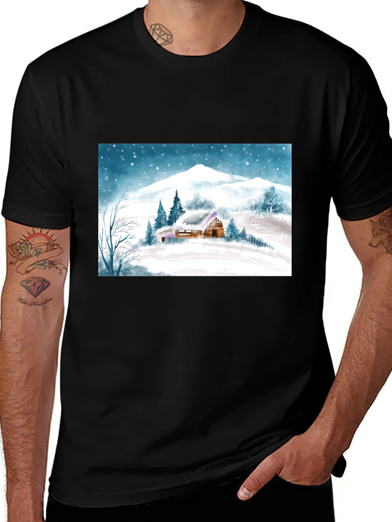 Winter Cabin Graphic Tee - Black Casual Shirt
