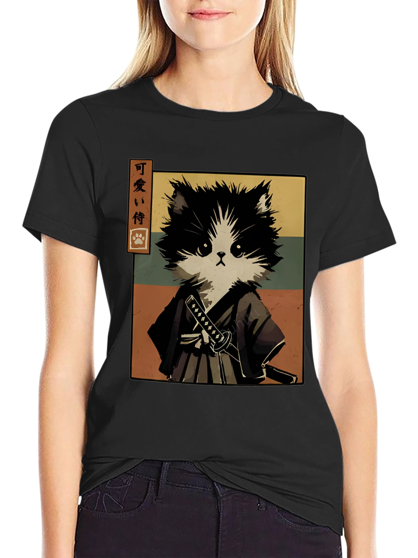 Samurai Cat T-Shirt - Black Graphic Tee