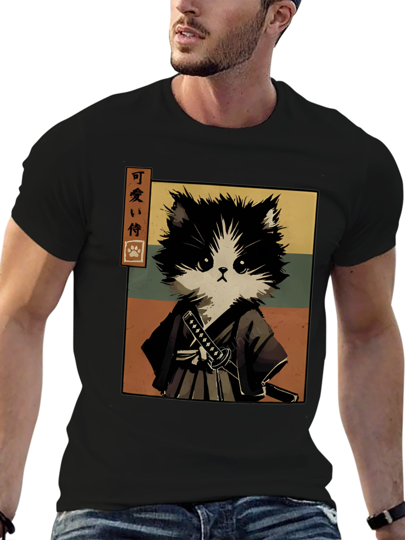 Samurai Cat T-Shirt - Black Graphic Tee