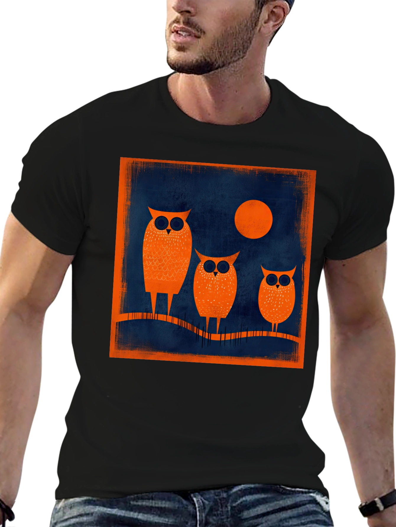Owl Moon Graphic Tee - Stylish Mens Black T-Shirt
