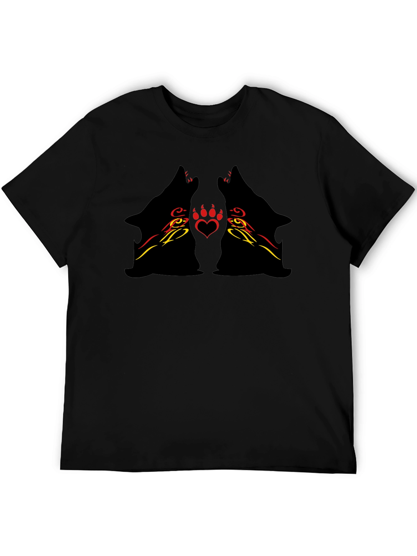 Tribal Wolf Heart Print Black Tee