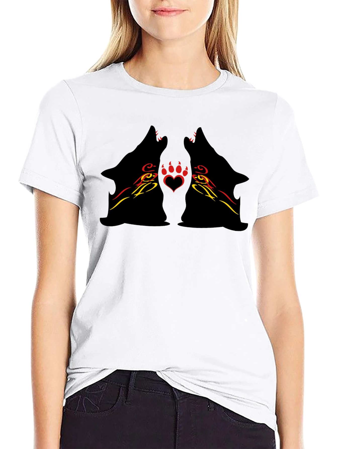 Tribal Wolf Heart Print Black Tee