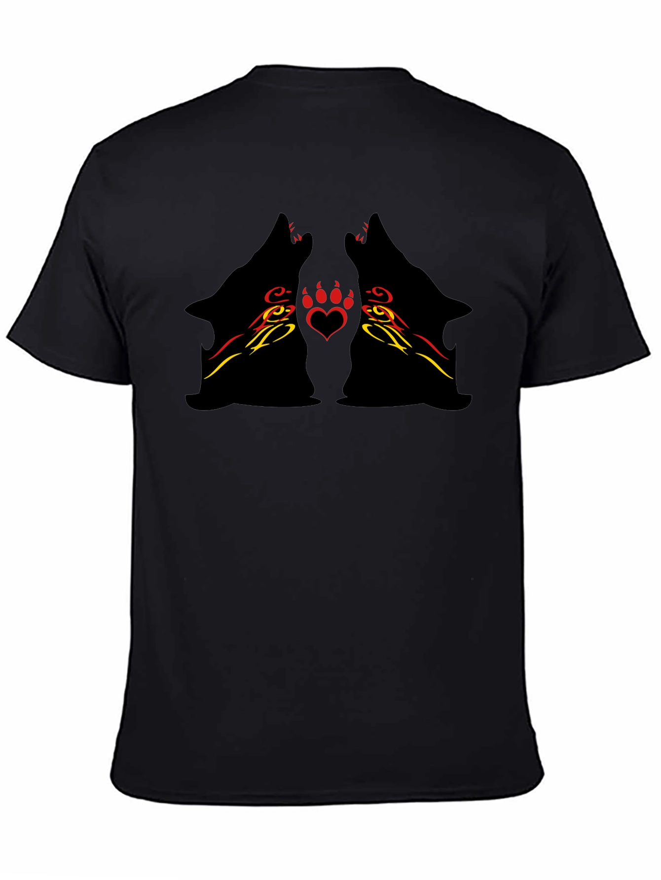 Tribal Wolf Heart Print Black Tee