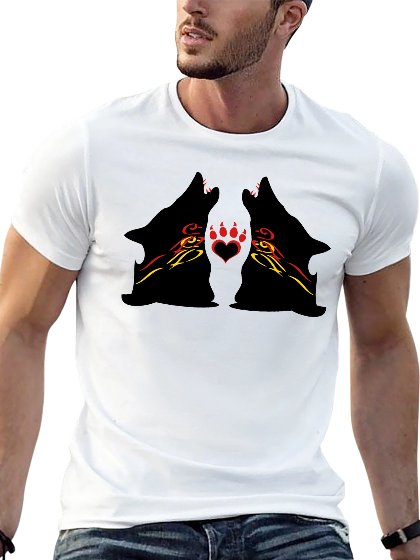 Tribal Wolf Heart Print Black Tee