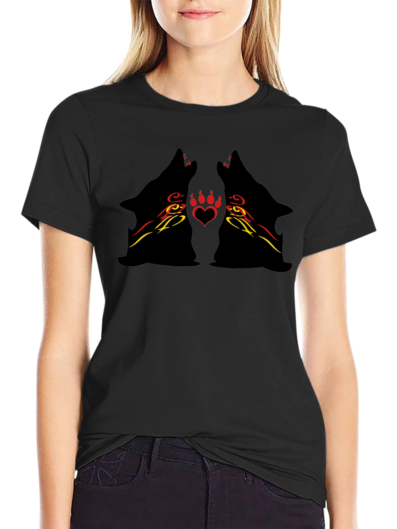 Tribal Wolf Heart Print Black Tee