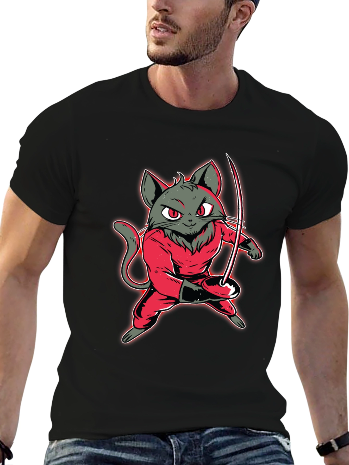 Fencing Cat Graphic Tee - Black T-Shirt