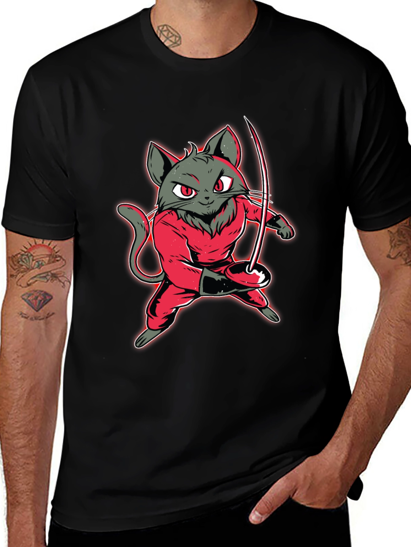 Fencing Cat Graphic Tee - Black T-Shirt