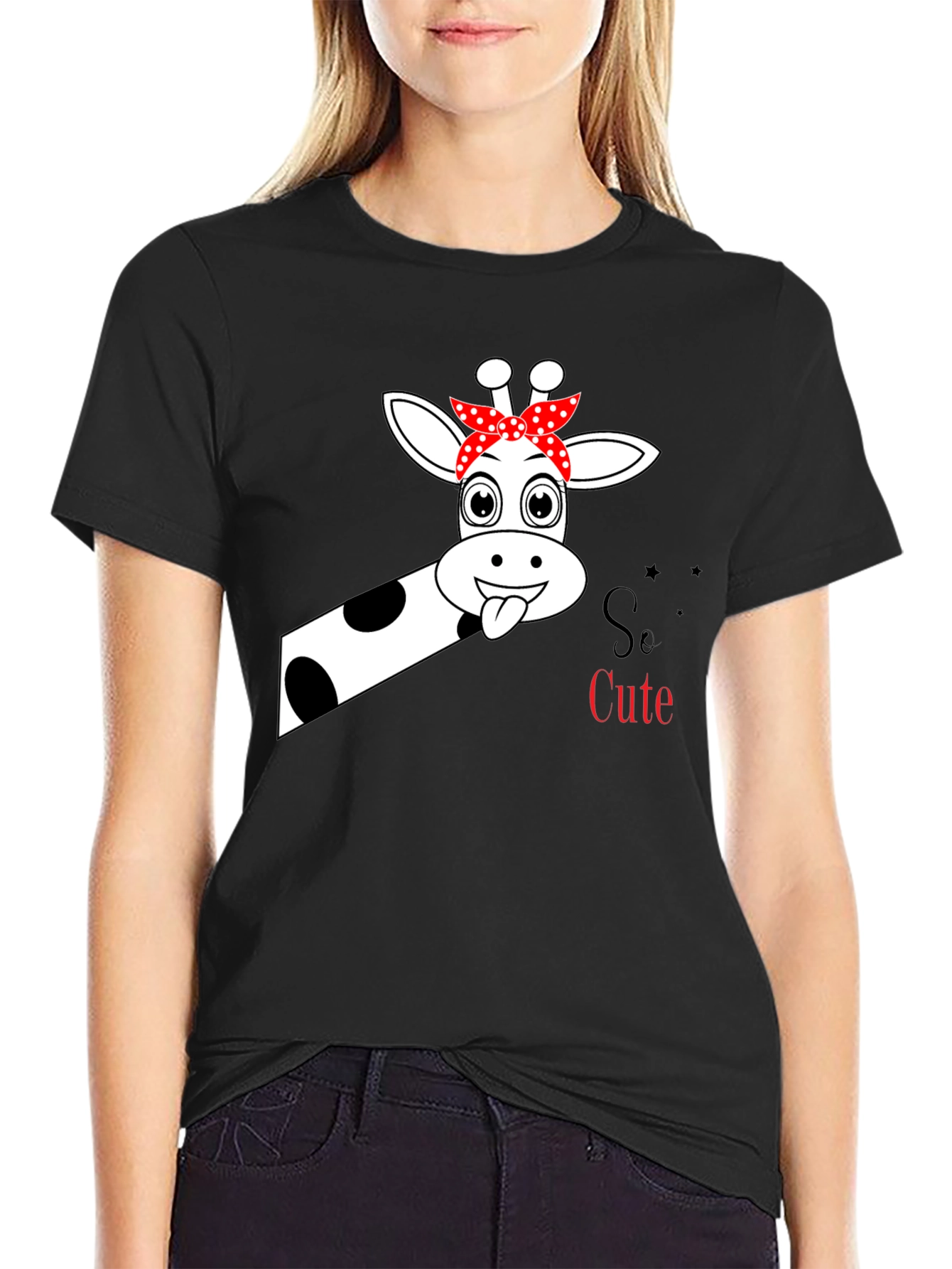 So Cute Giraffe Graphic Black T-Shirt