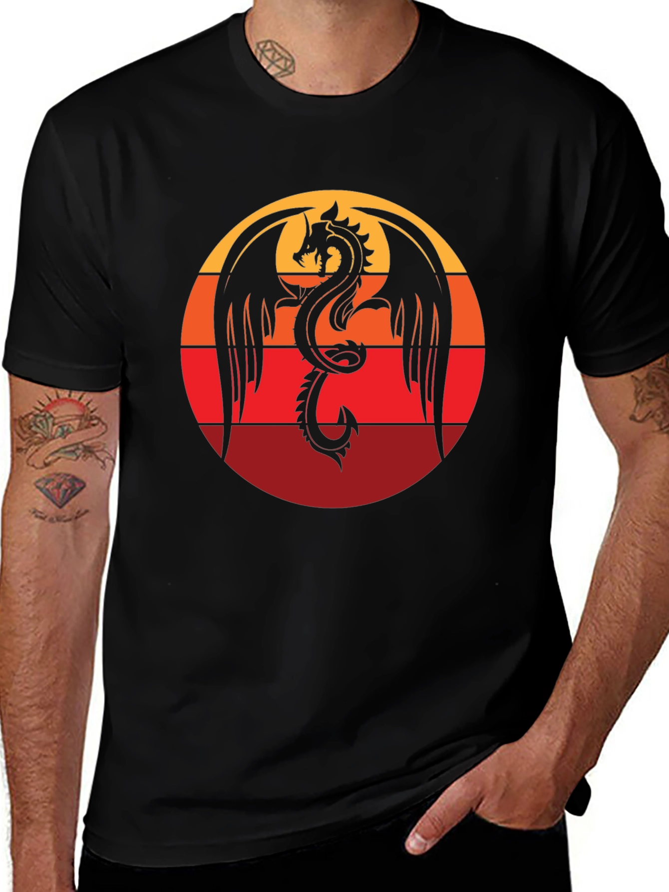 Dragon Sunset Graphic Tee - Black Cotton Blend