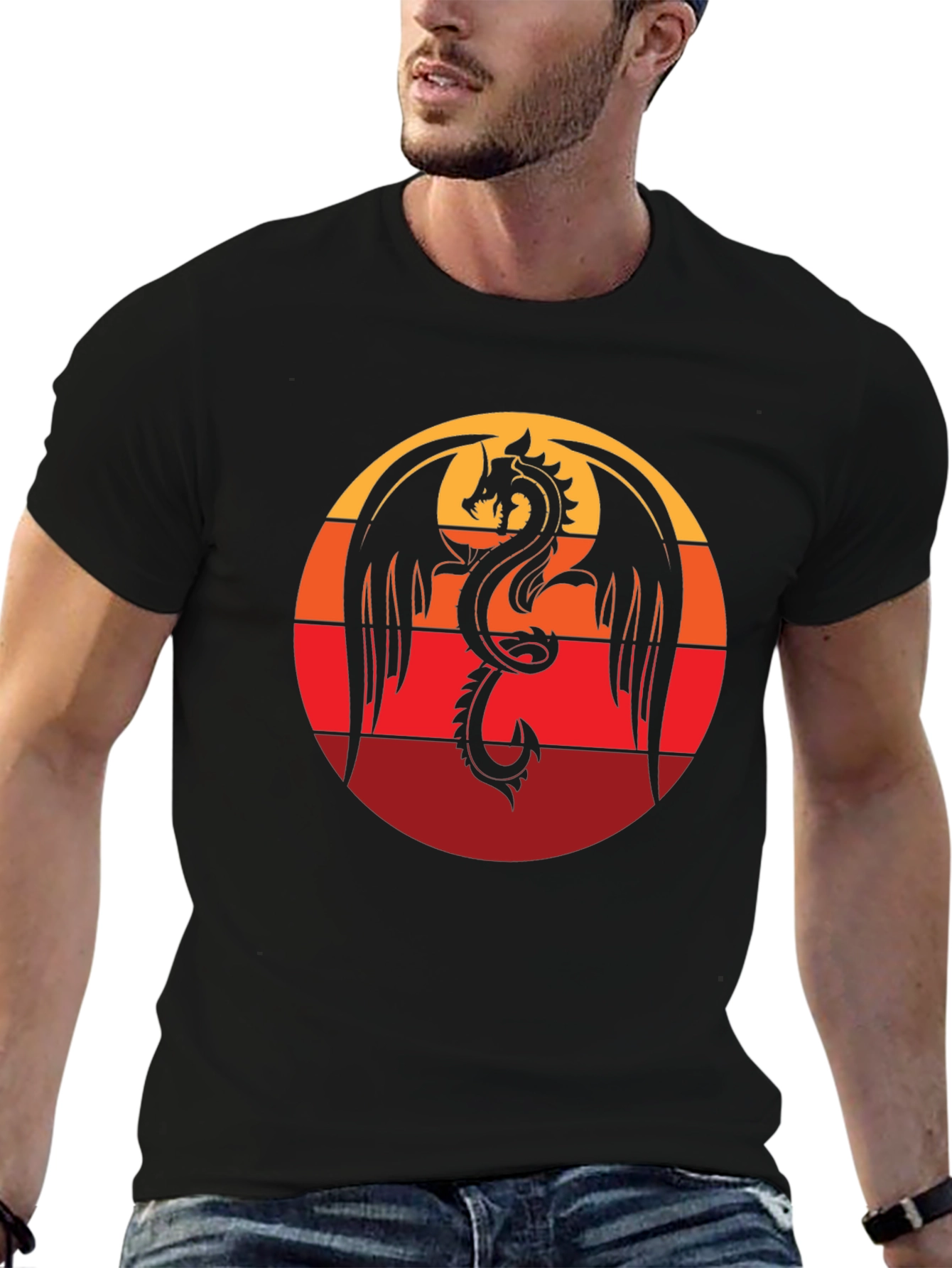 Dragon Sunset Graphic Tee - Black Cotton Blend
