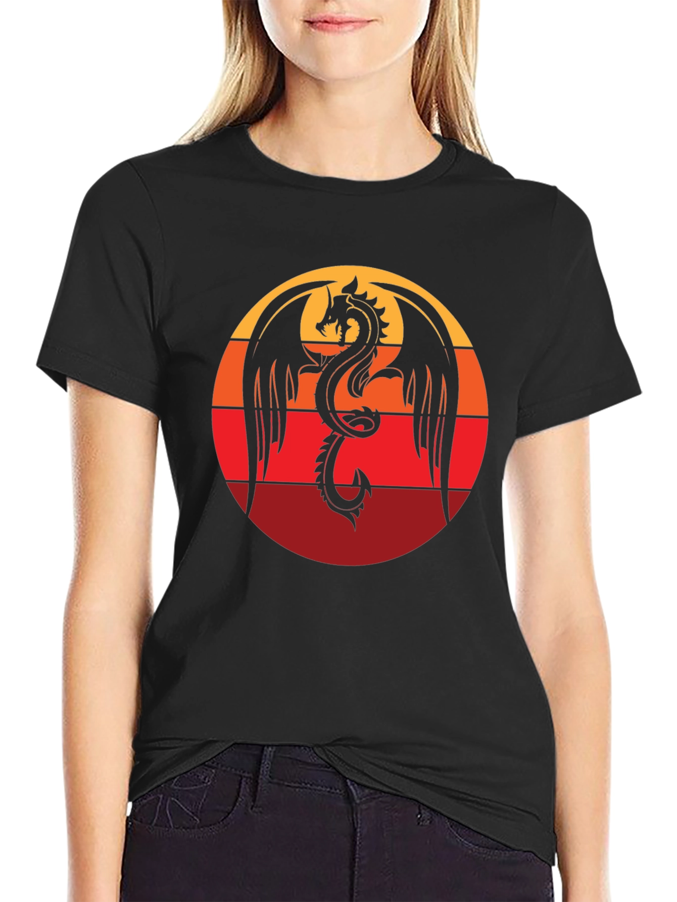 Dragon Sunset Graphic Tee - Black Cotton Blend