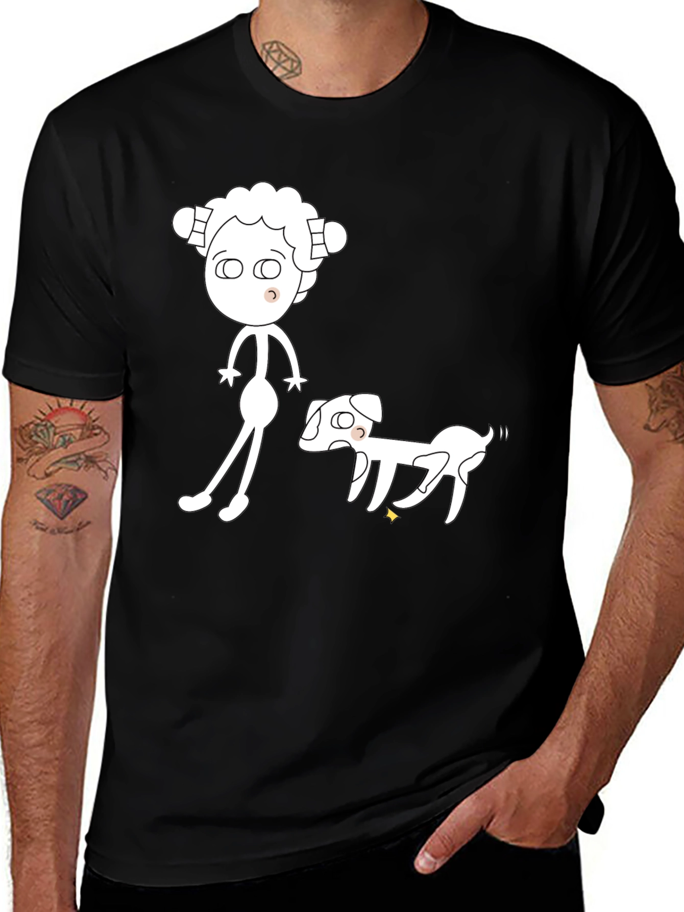 Cartoon Character & Dog Black Graphic Tee