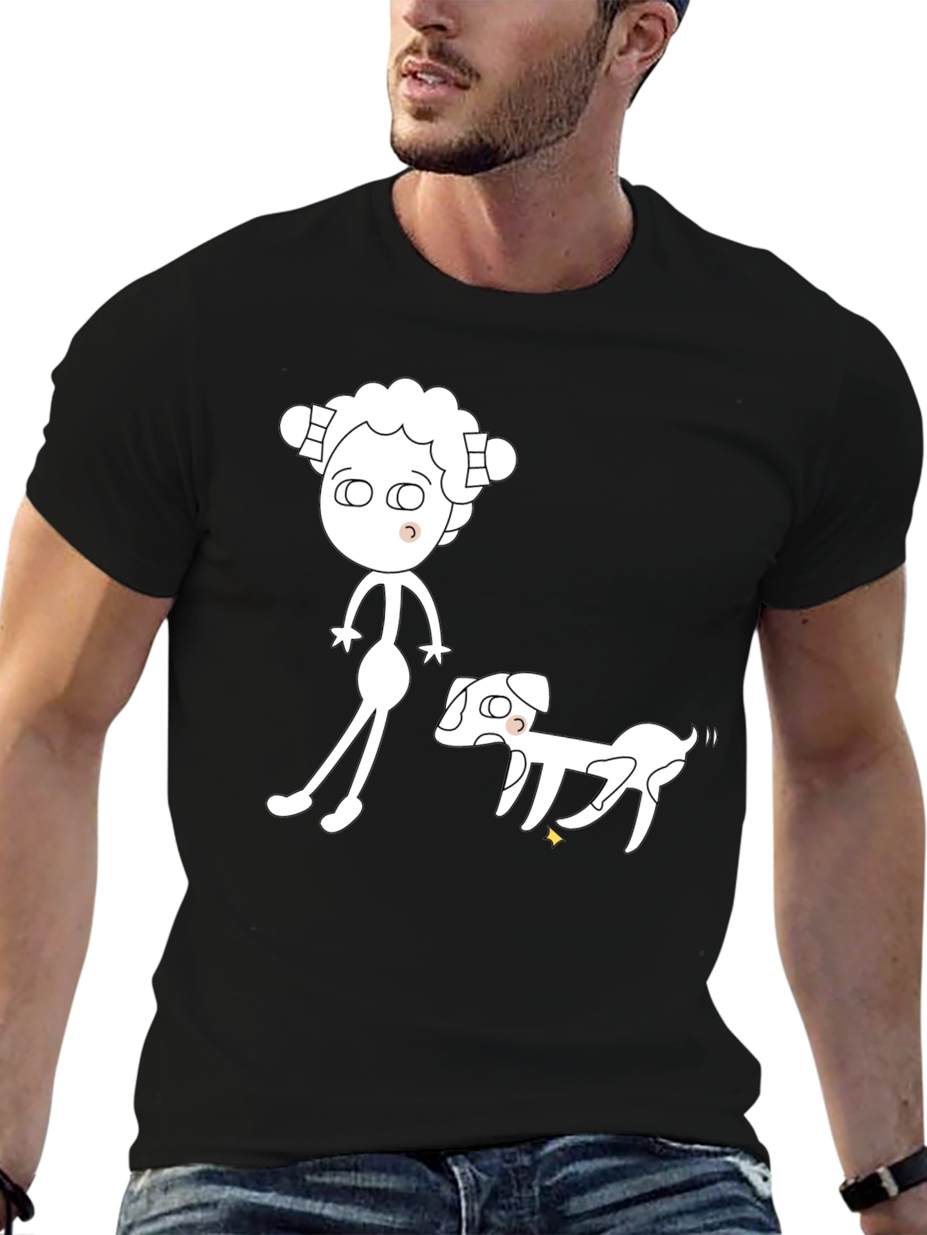 Cartoon Character & Dog Black Graphic Tee
