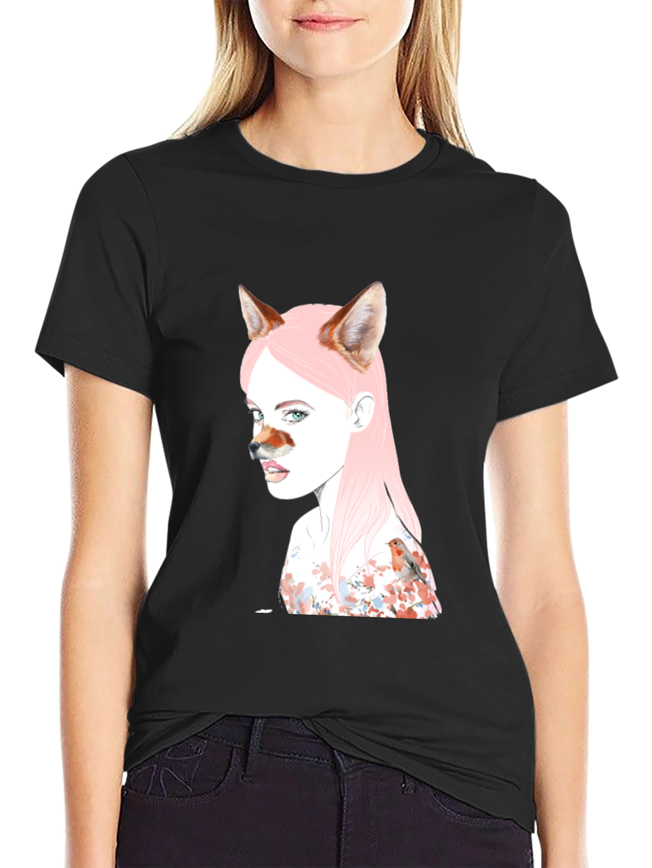 Artistic Fox Girl Print Black T-Shirt