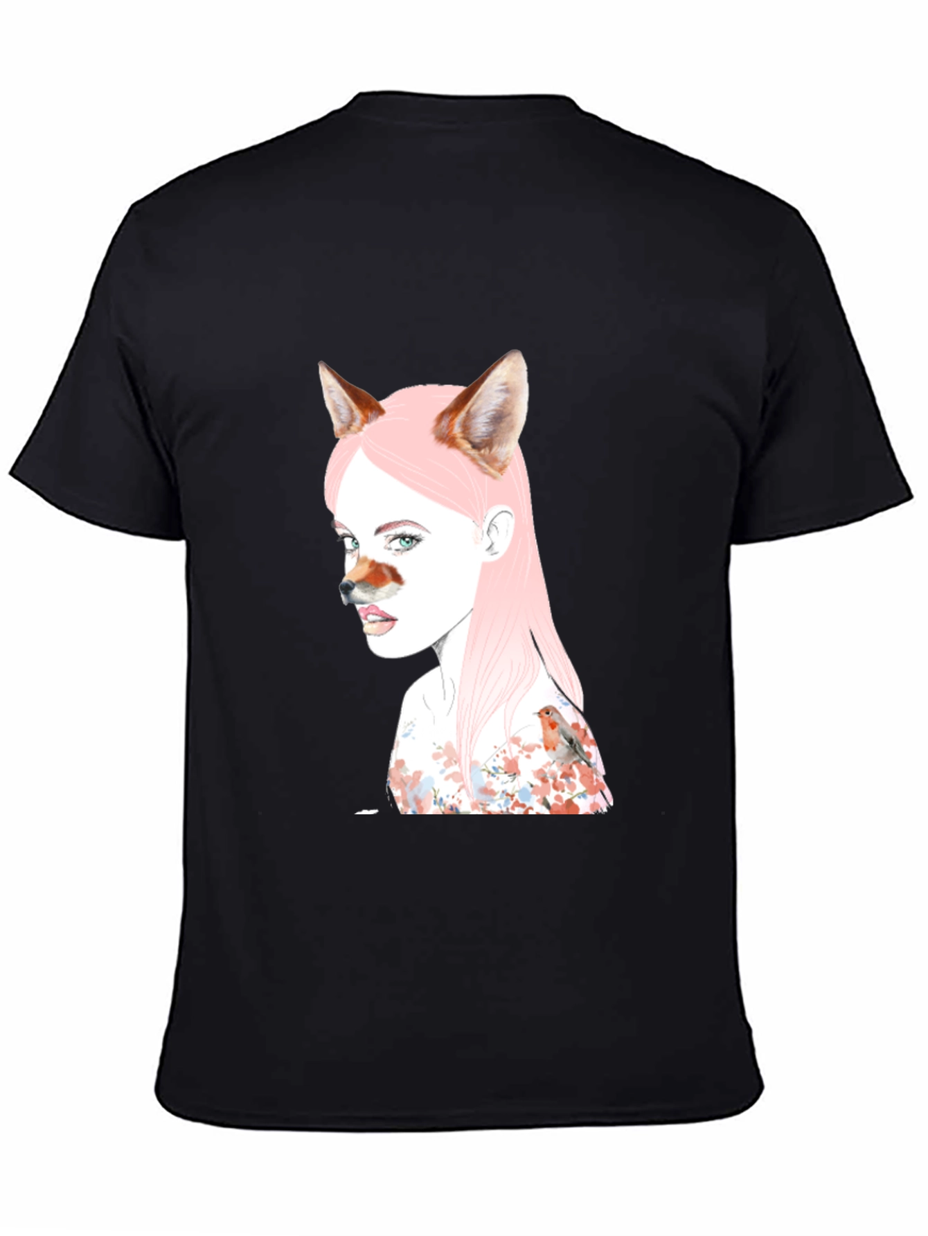 Artistic Fox Girl Print Black T-Shirt