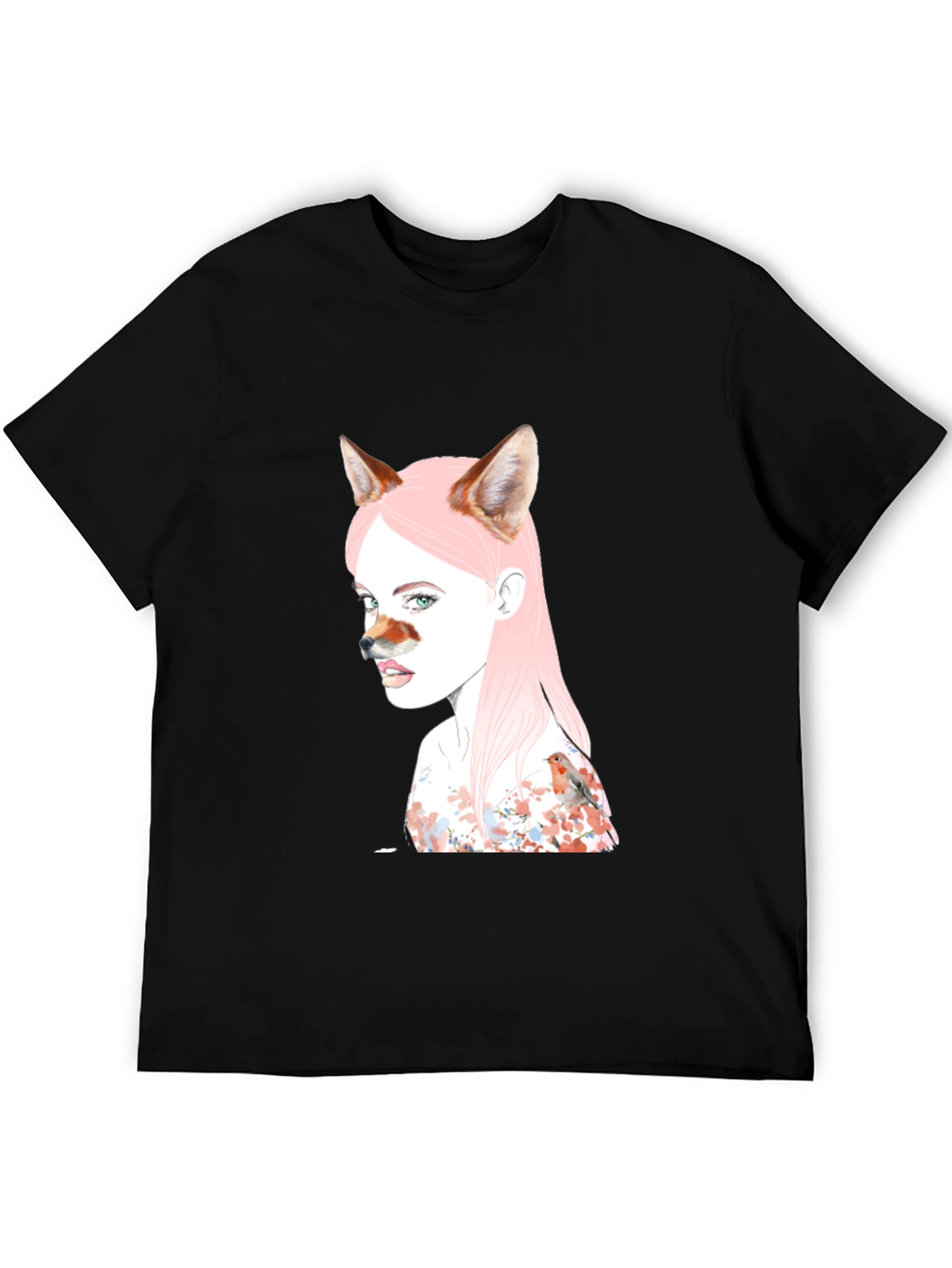 Artistic Fox Girl Print Black T-Shirt