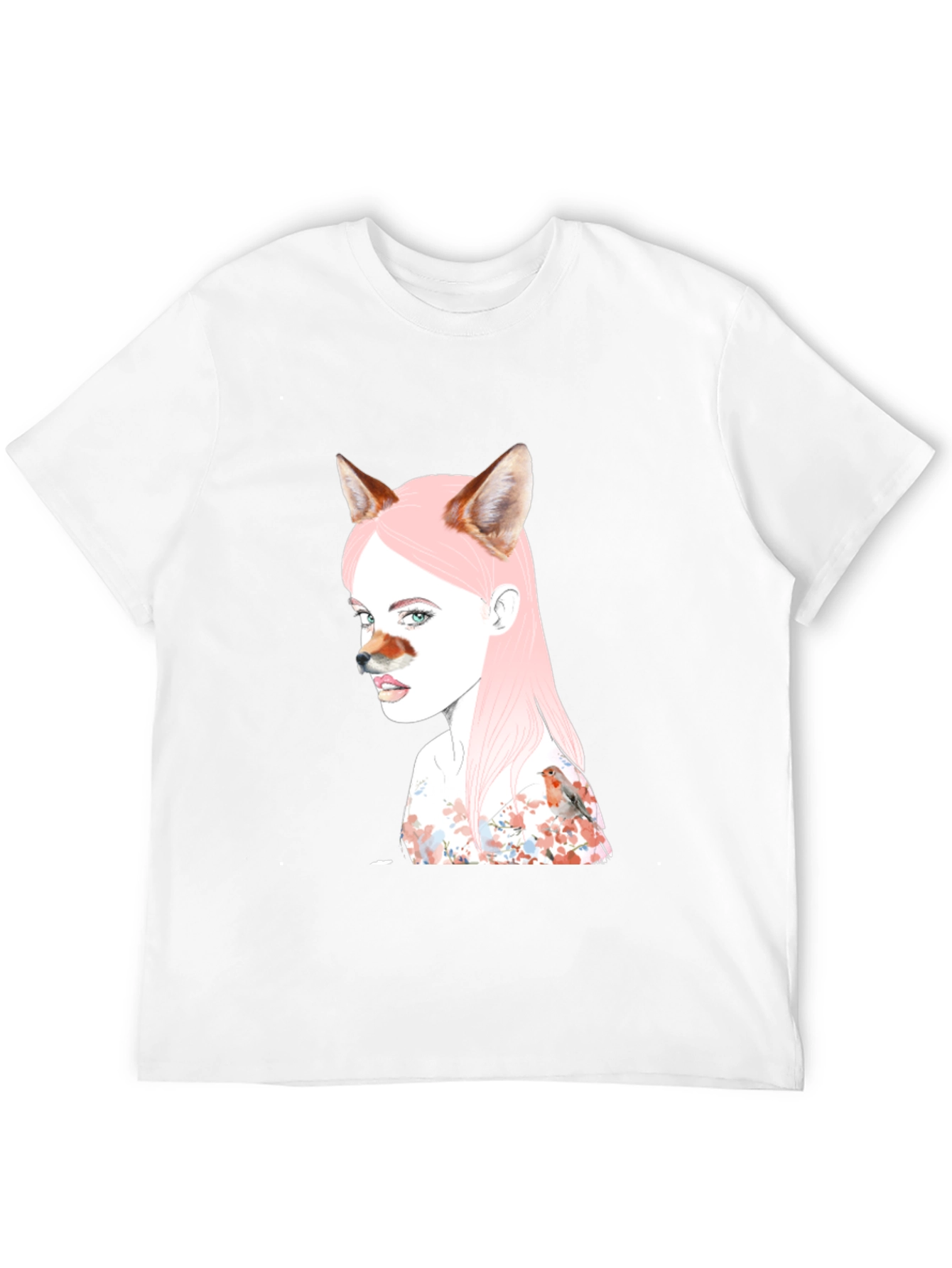 Artistic Fox Girl Print Black T-Shirt