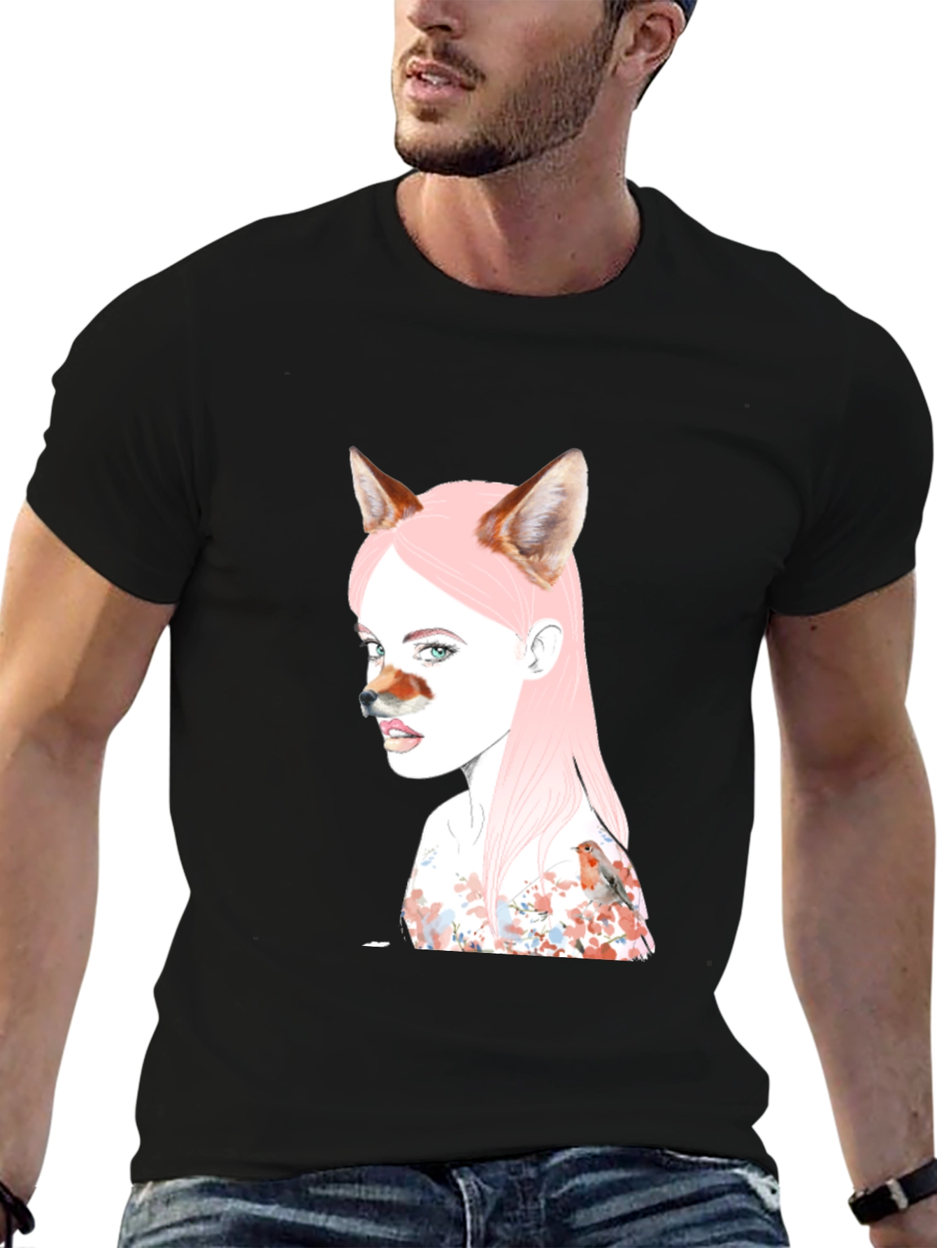 Artistic Fox Girl Print Black T-Shirt