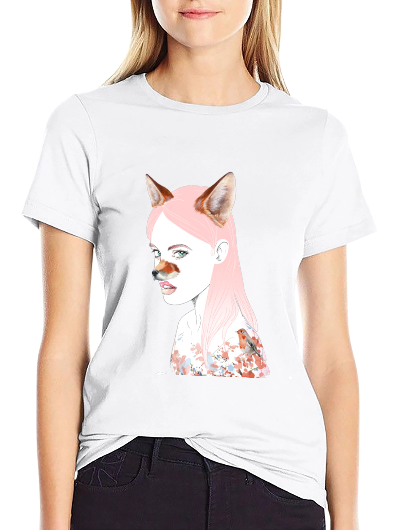 Artistic Fox Girl Print Black T-Shirt