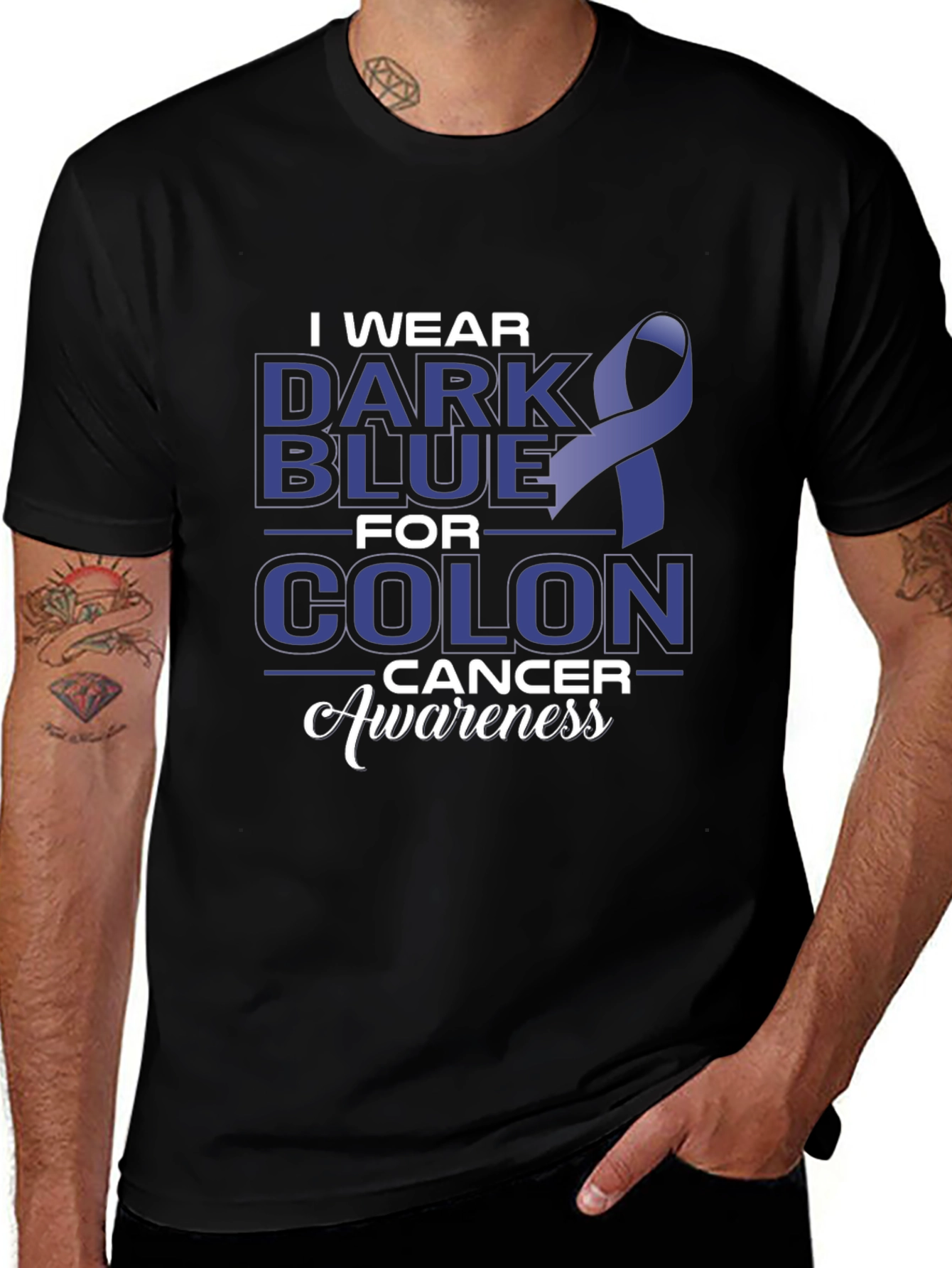Colon Cancer Awareness Dark Blue Ribbon T-Shirt