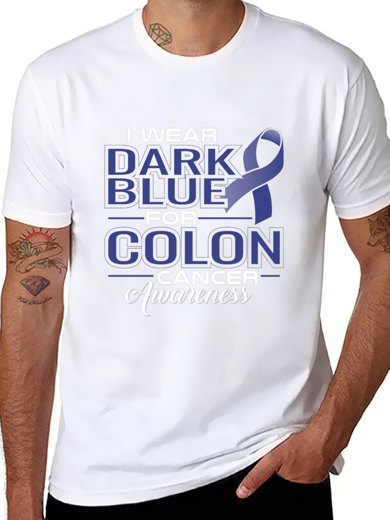 Colon Cancer Awareness Dark Blue Ribbon T-Shirt