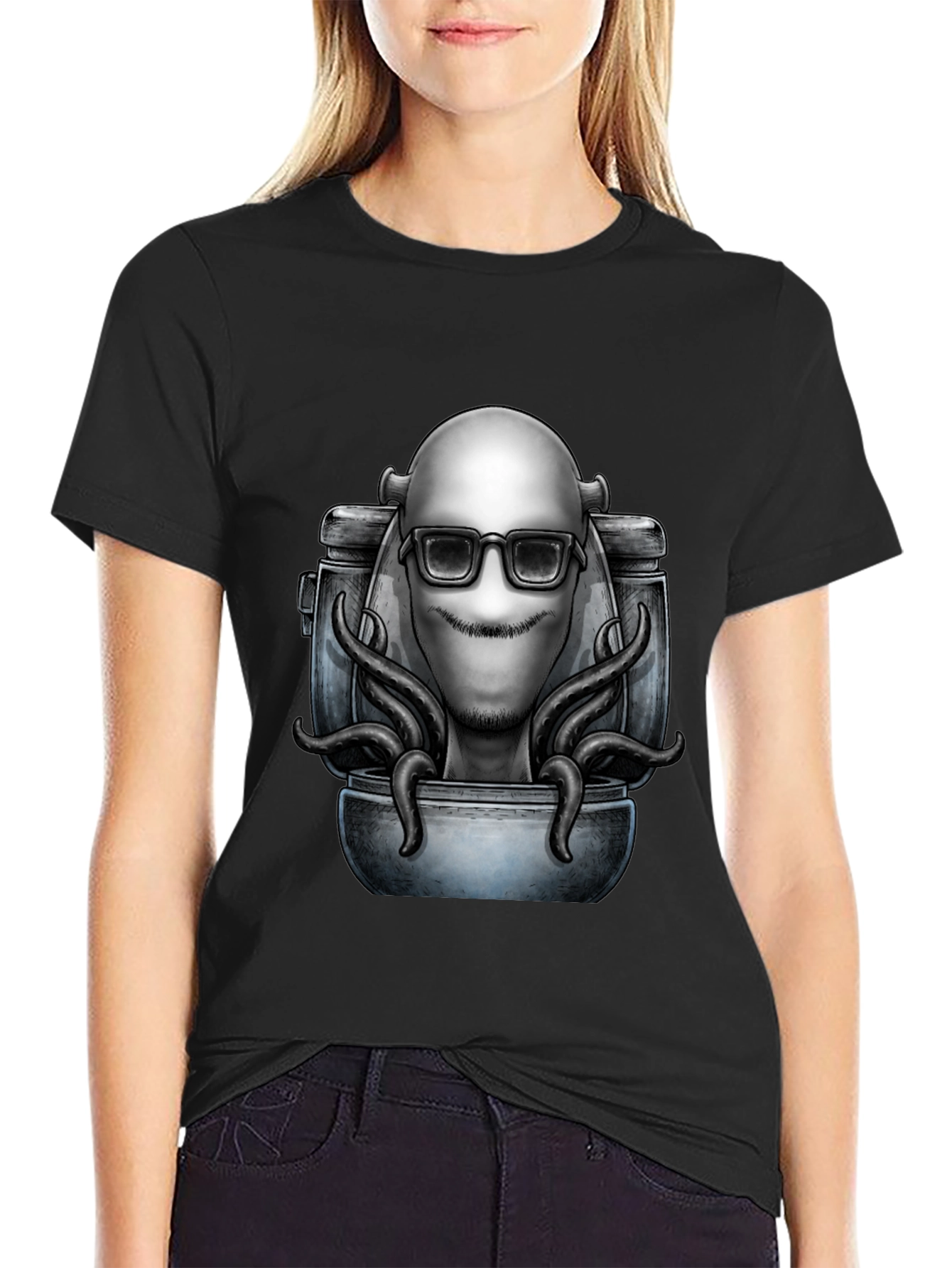 Cool Alien Octopus Graphic T-Shirt - Black