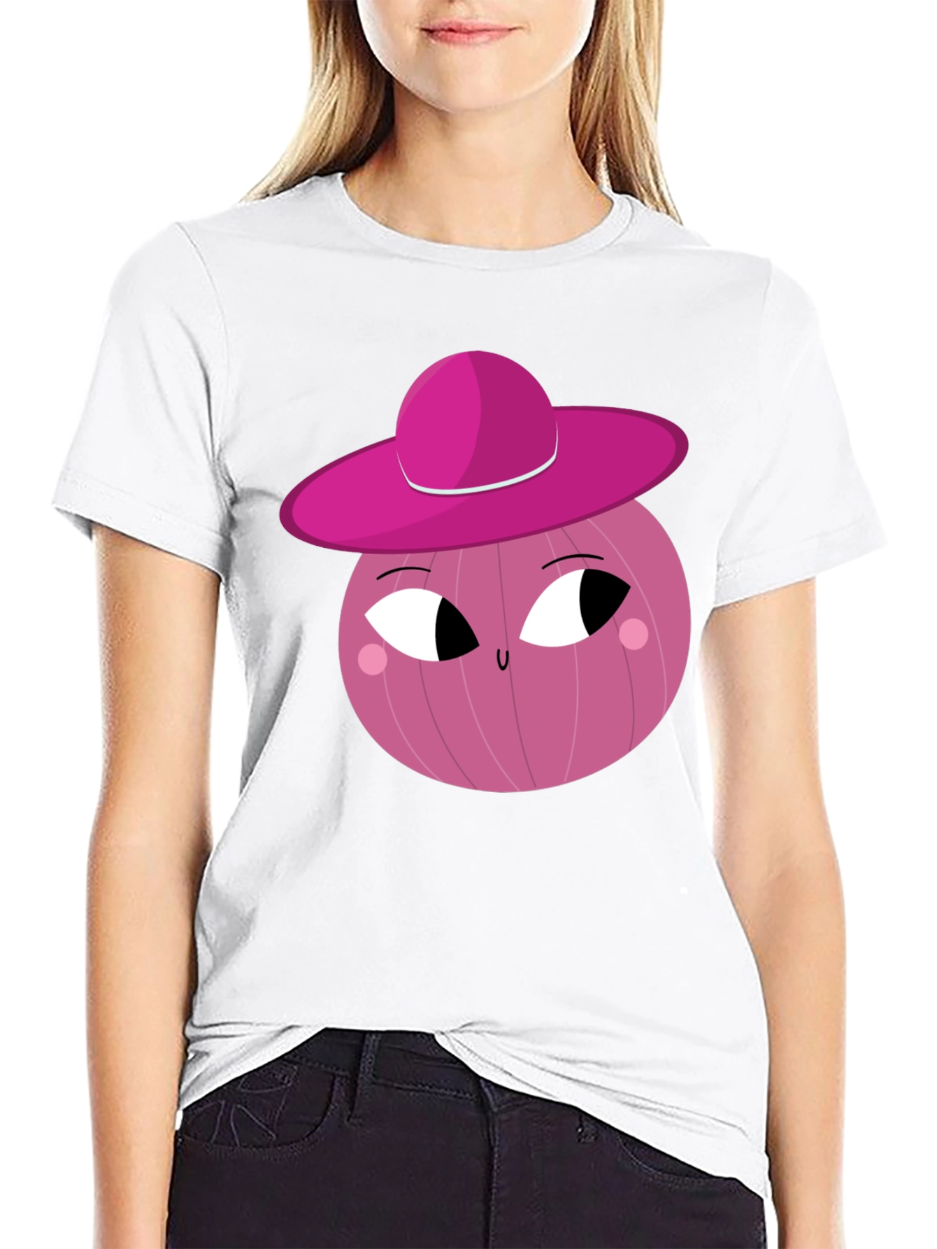 Whimsical Pink Onion Character Graphic T-Shirt