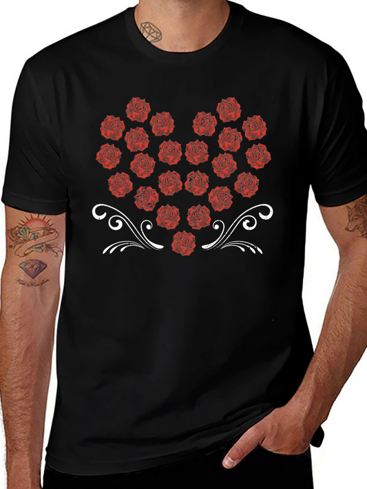 Rose Heart Graphic Tee - Black Cotton T-Shirt