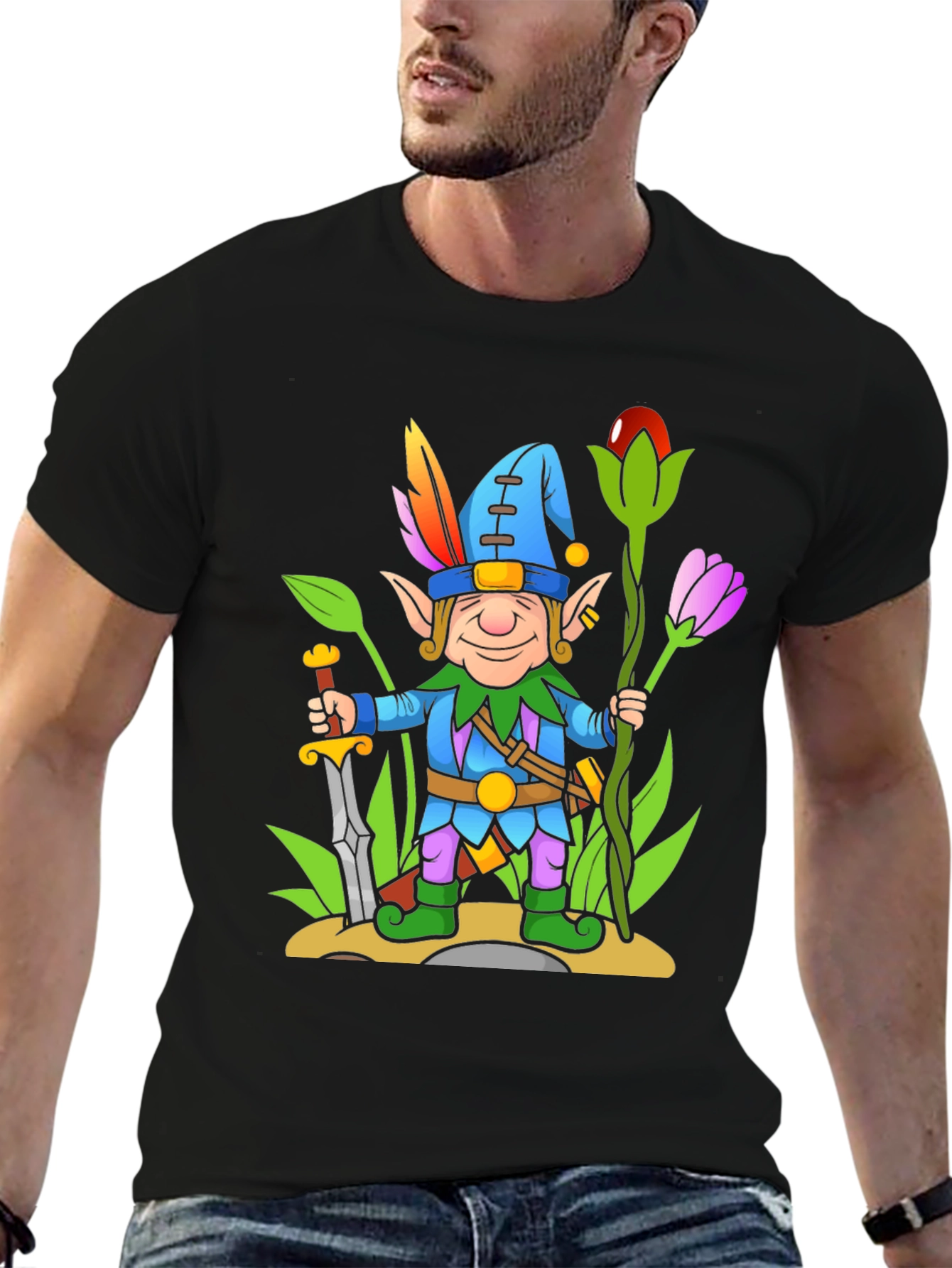 Fantasy Elf Cartoon T-Shirt - Black