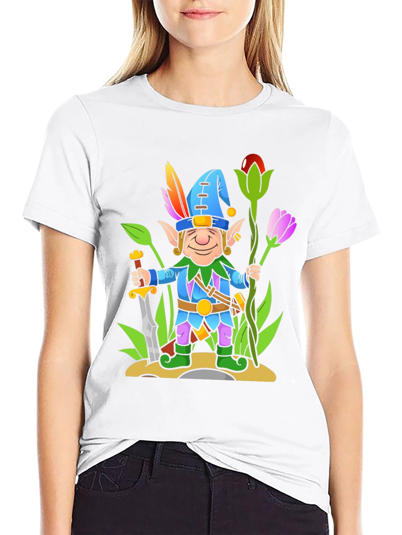 Fantasy Elf Cartoon T-Shirt - Black