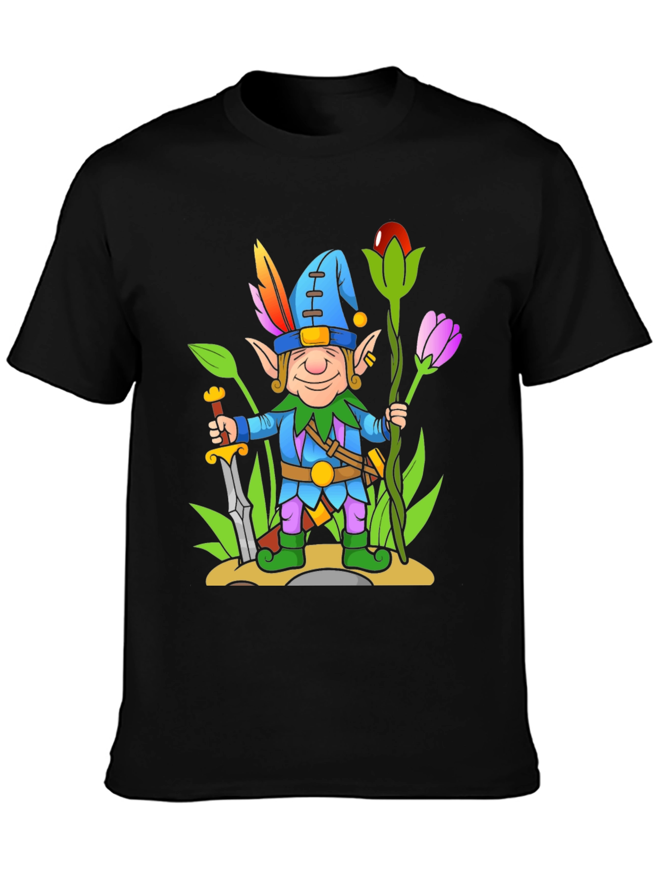 Fantasy Elf Cartoon T-Shirt - Black