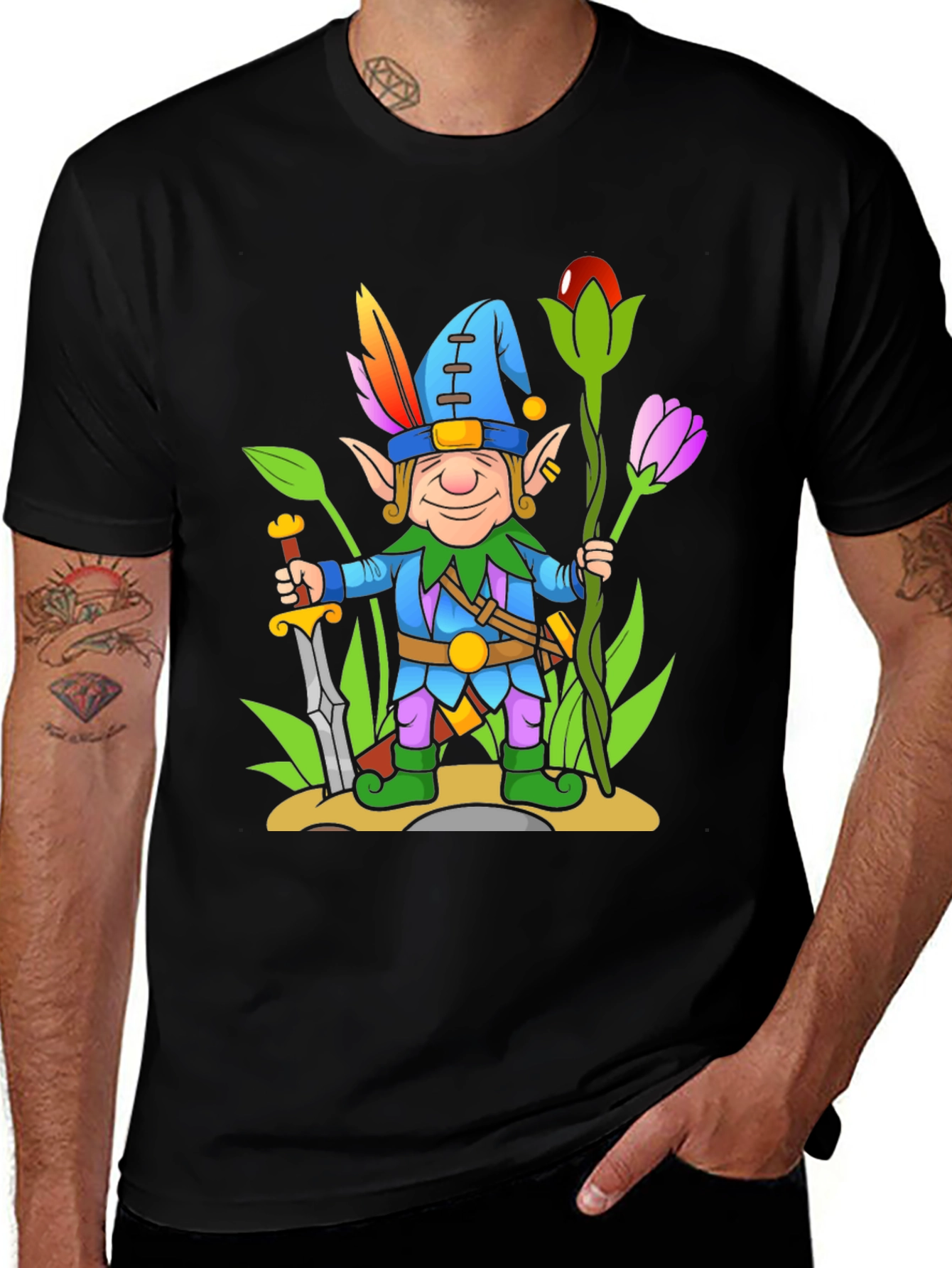 Fantasy Elf Cartoon T-Shirt - Black