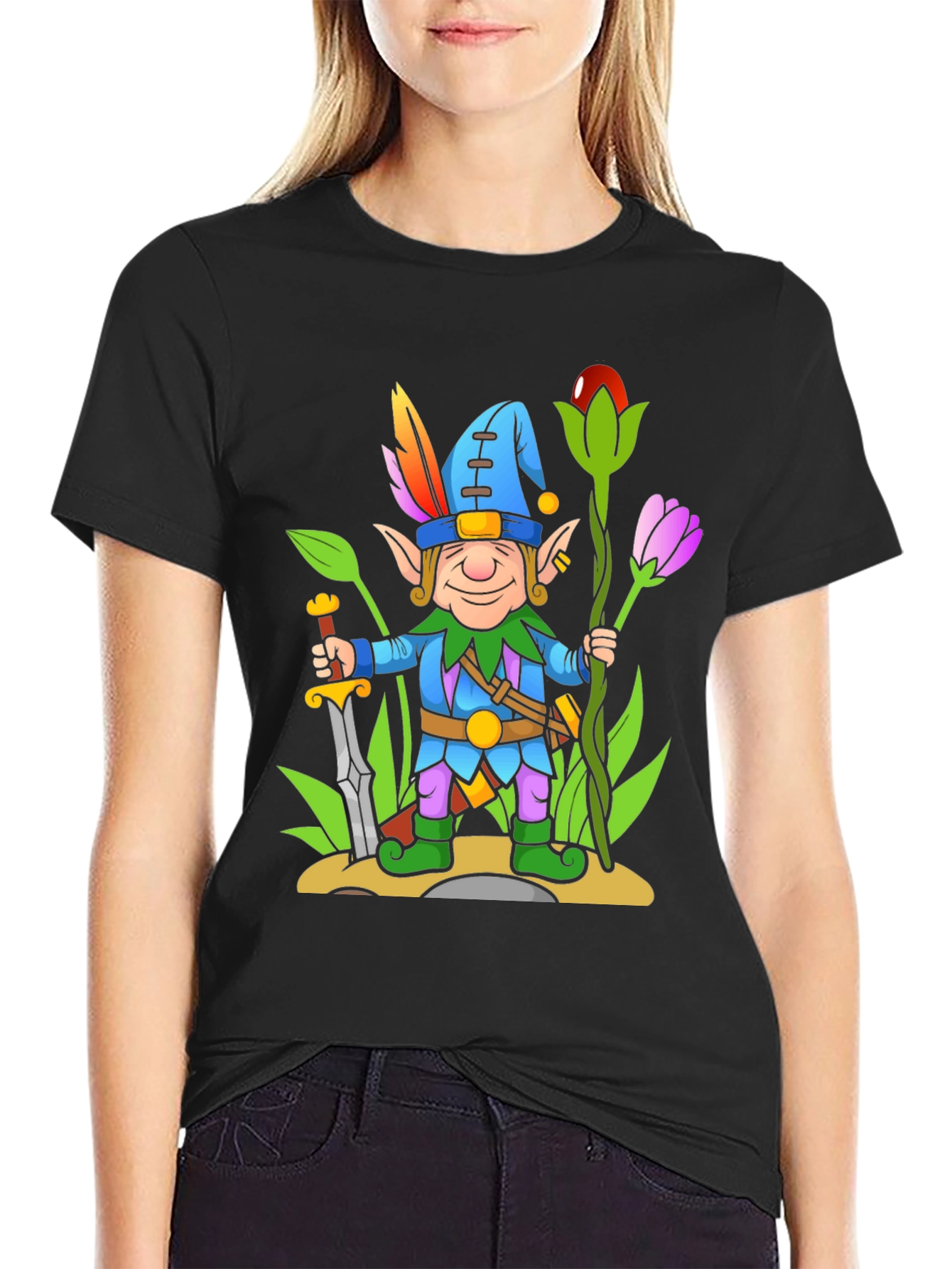 Fantasy Elf Cartoon T-Shirt - Black