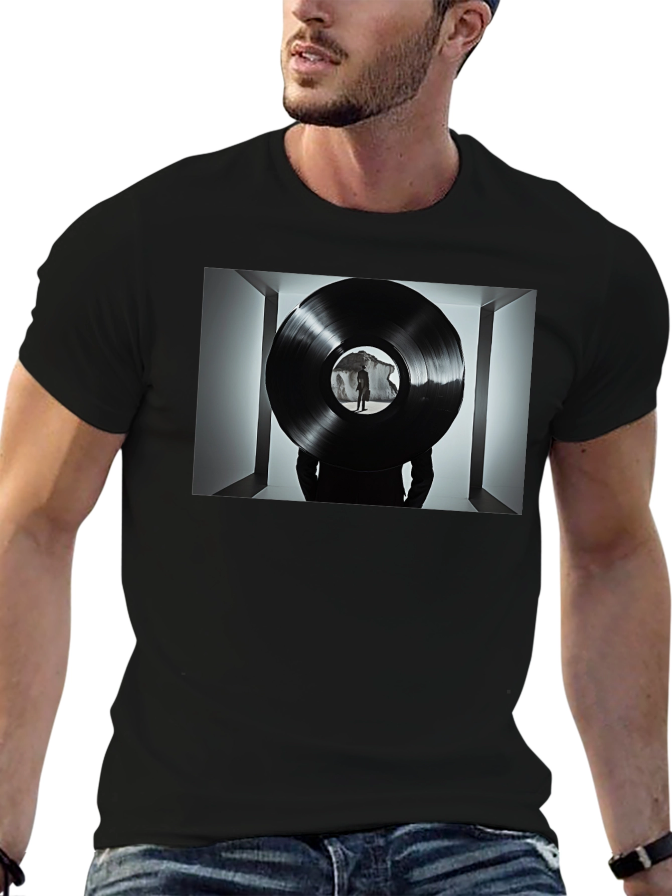 Abstract Record Print Black Tee