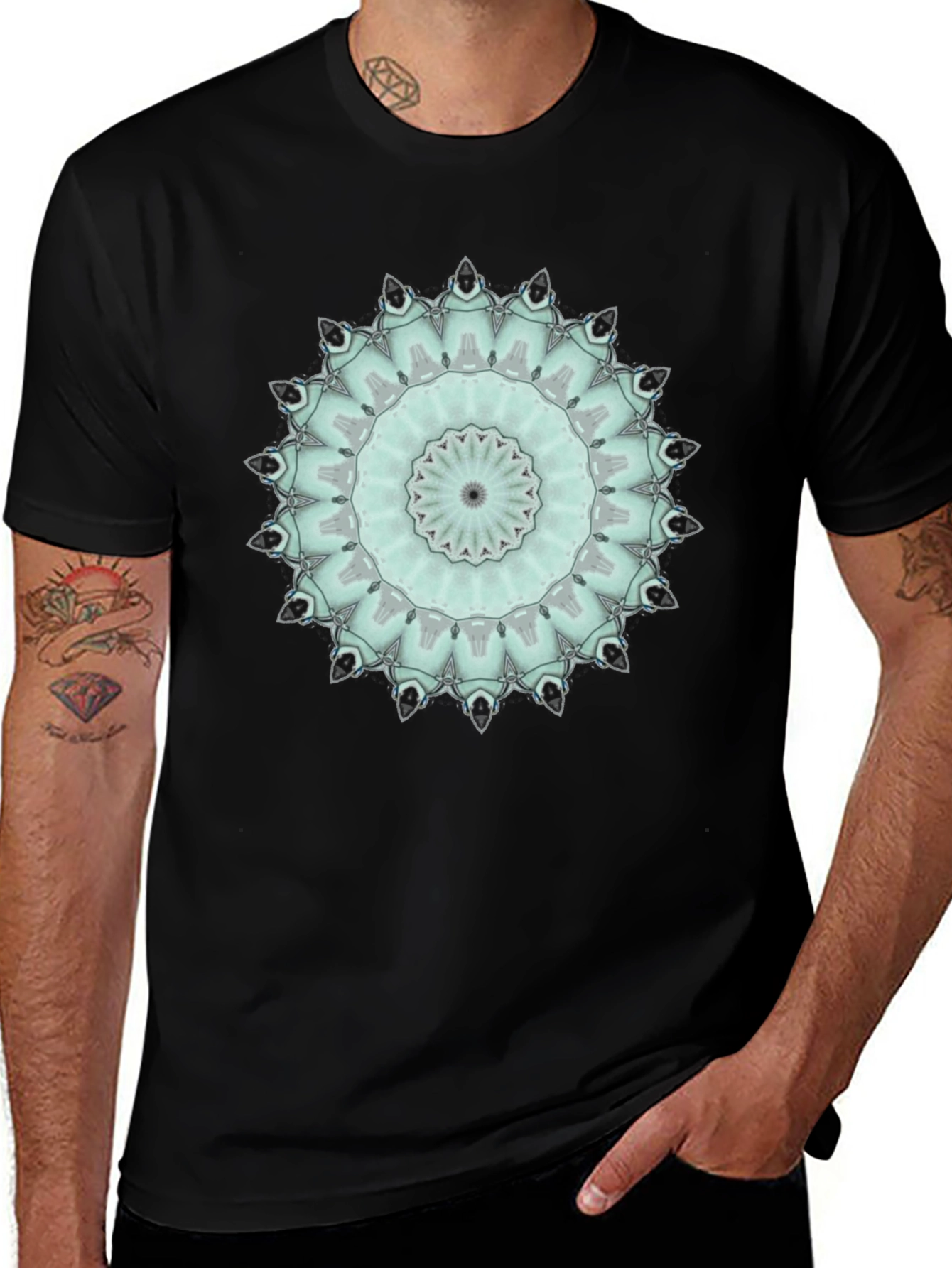 Geometric Mandala Graphic Tee - Black Cotton Blend