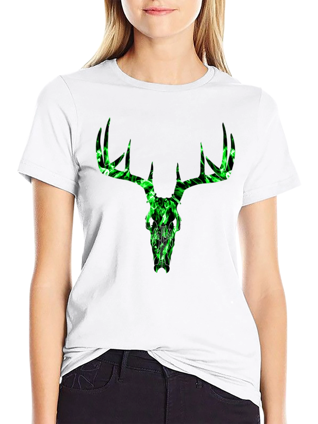 Green Skull Deer Antler Graphic T-Shirt