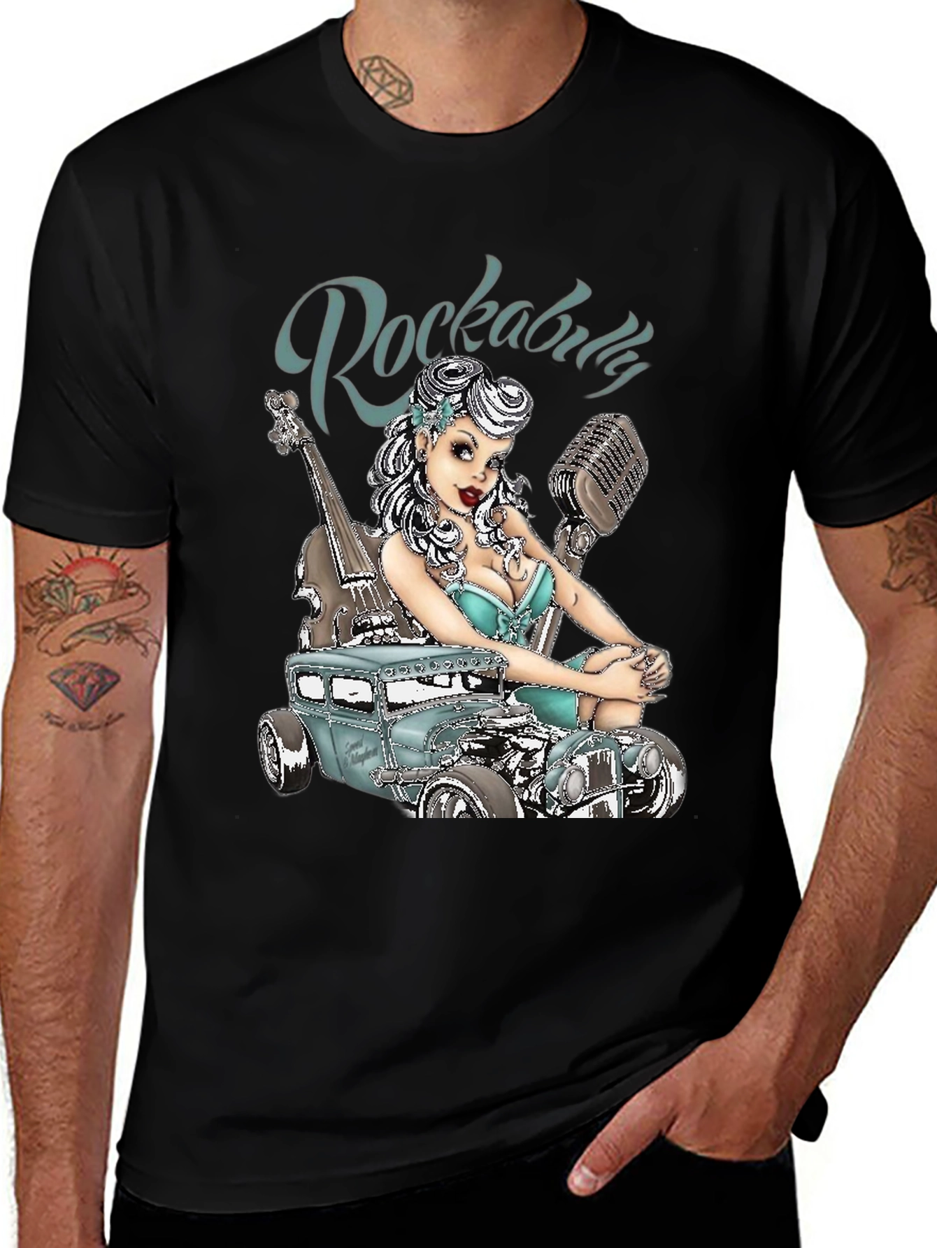 Rockabilly Style T-Shirt with Car & Pin-up Girl Design