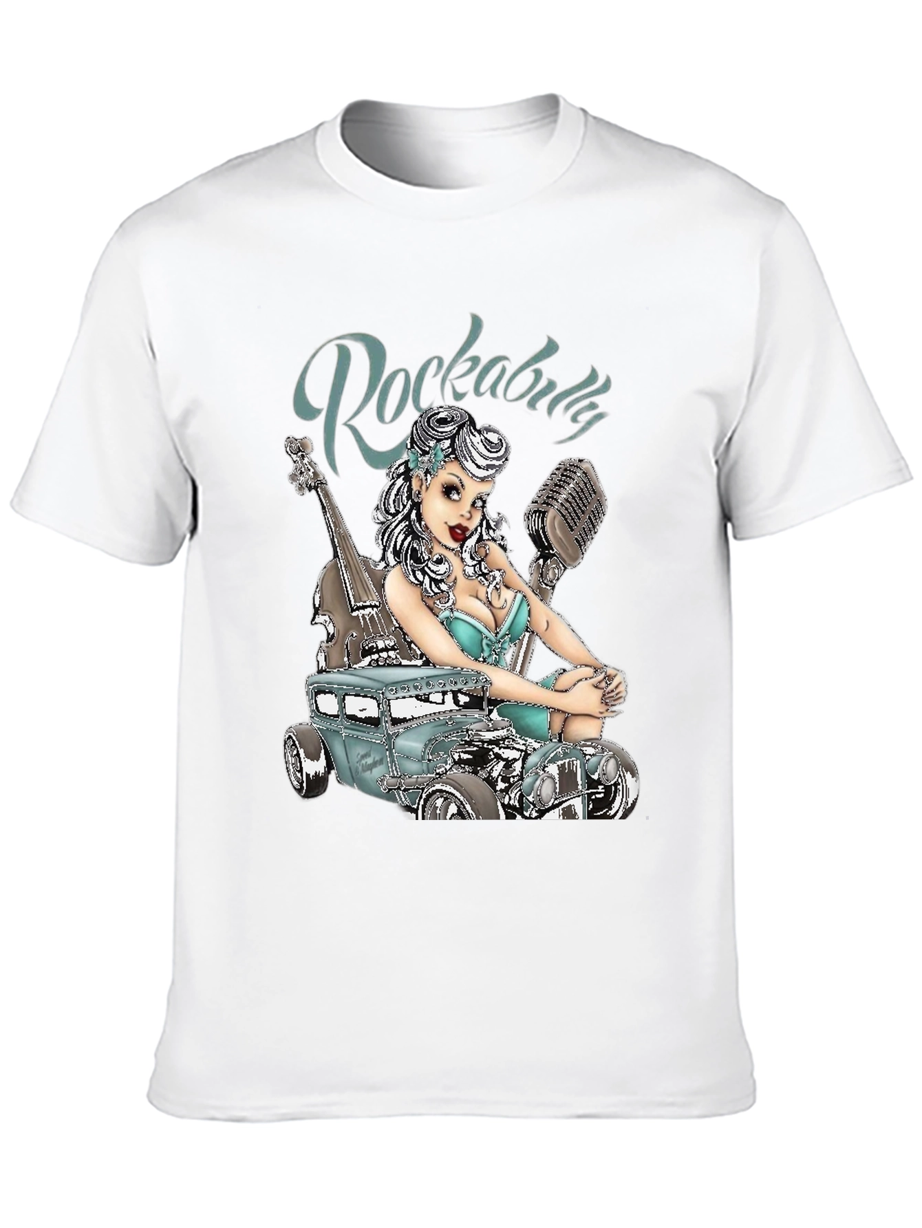 Rockabilly Style T-Shirt with Car & Pin-up Girl Design