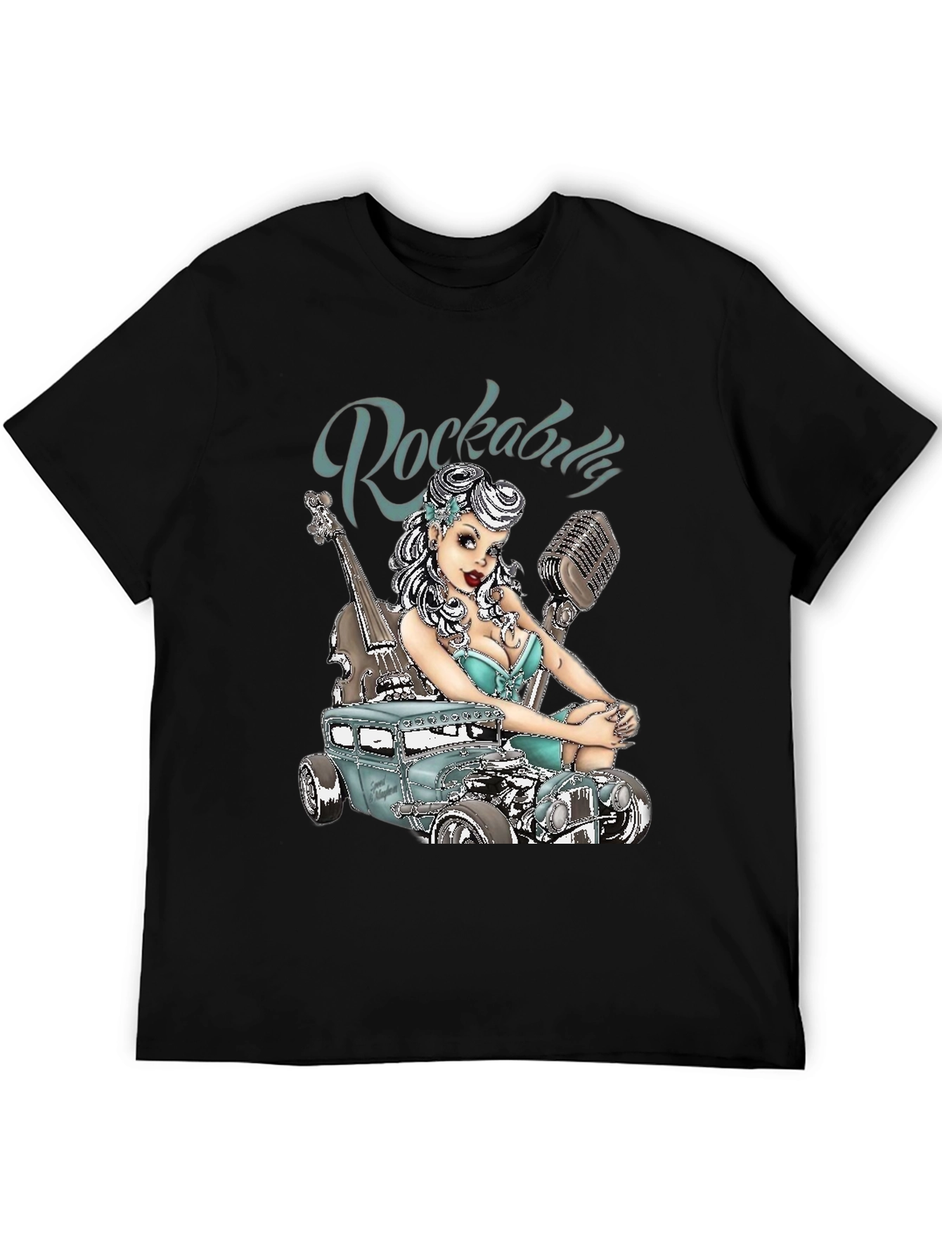 Rockabilly Style T-Shirt with Car & Pin-up Girl Design