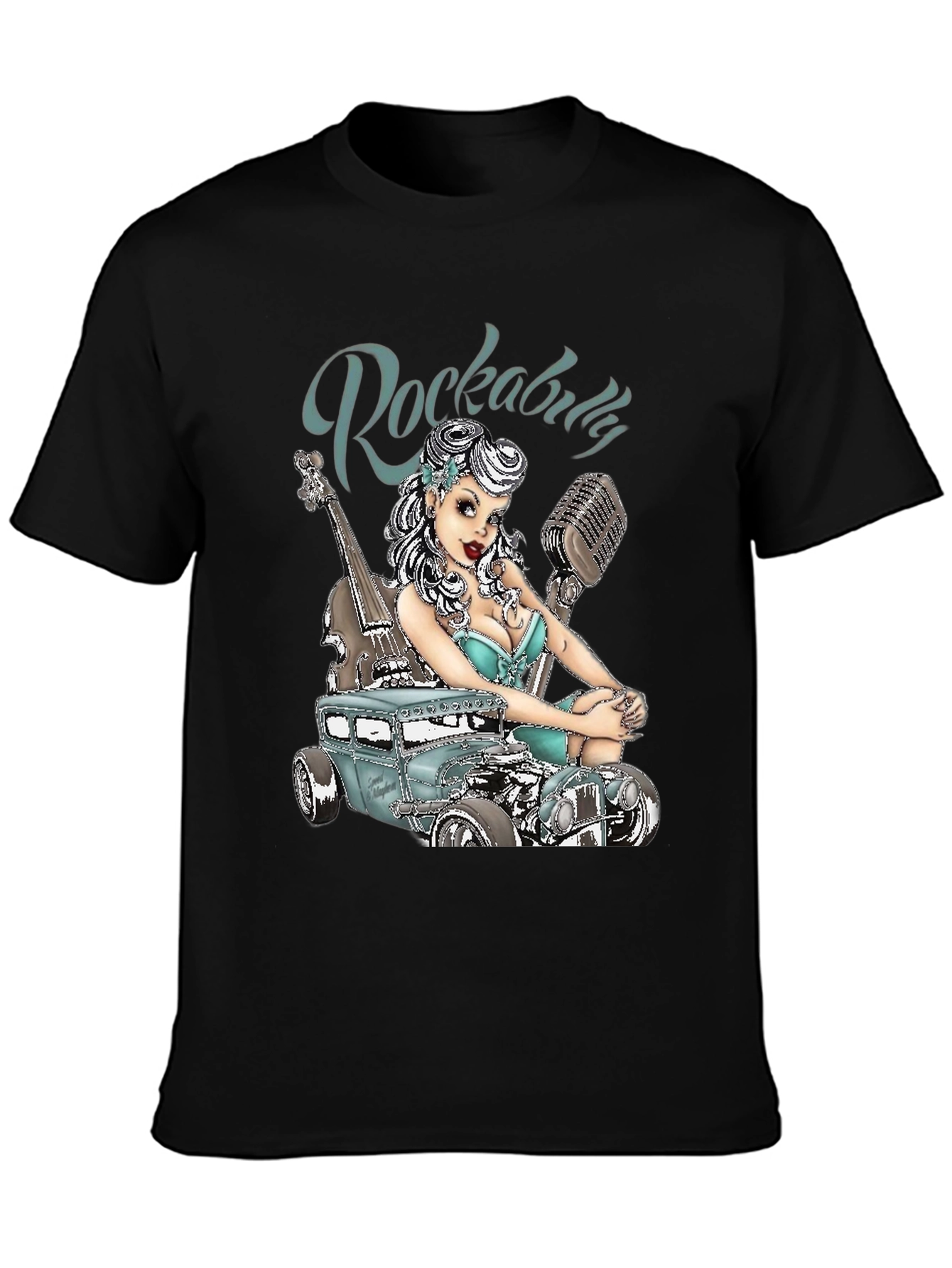 Rockabilly Style T-Shirt with Car & Pin-up Girl Design
