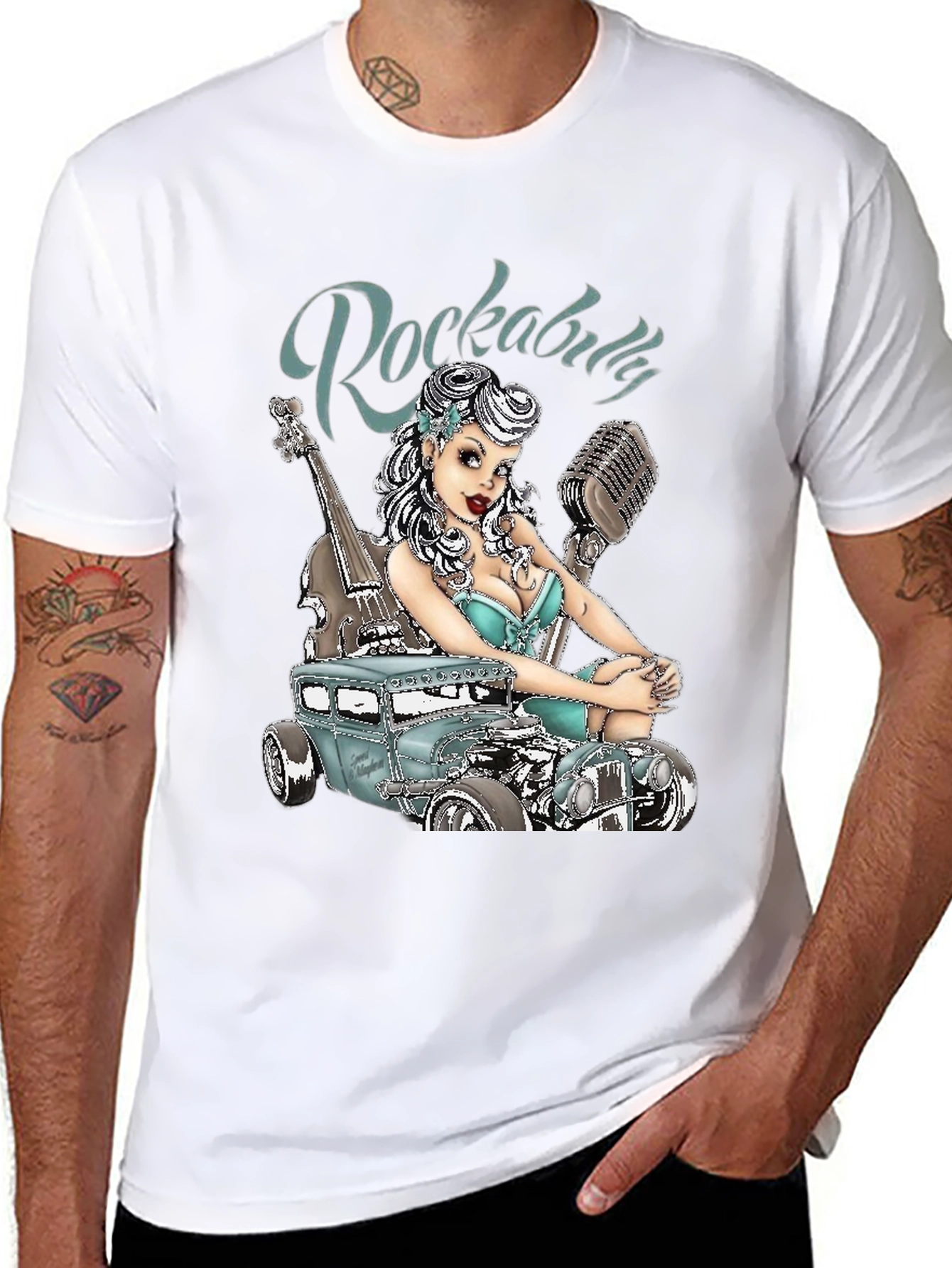 Rockabilly Style T-Shirt with Car & Pin-up Girl Design