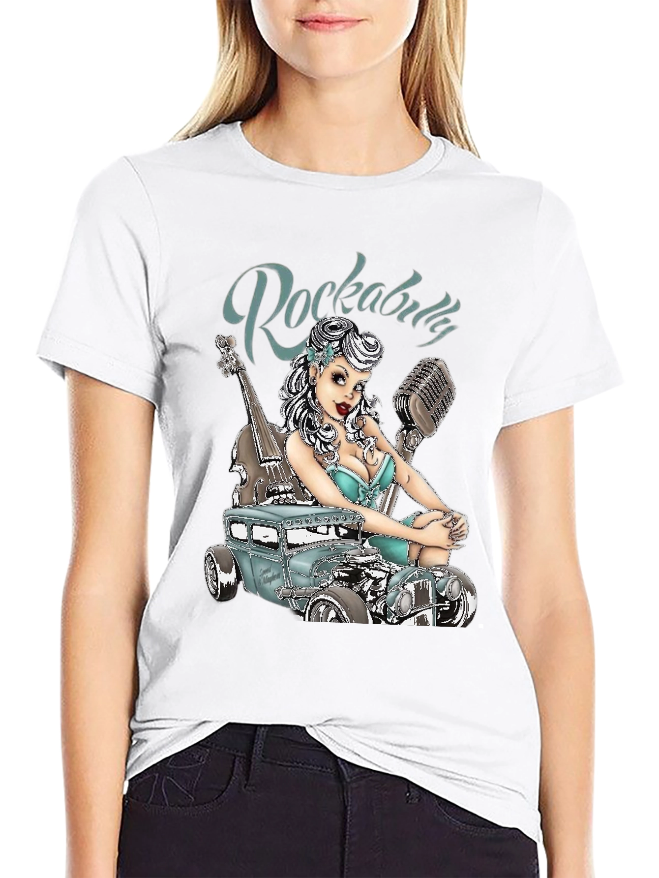 Rockabilly Style T-Shirt with Car & Pin-up Girl Design