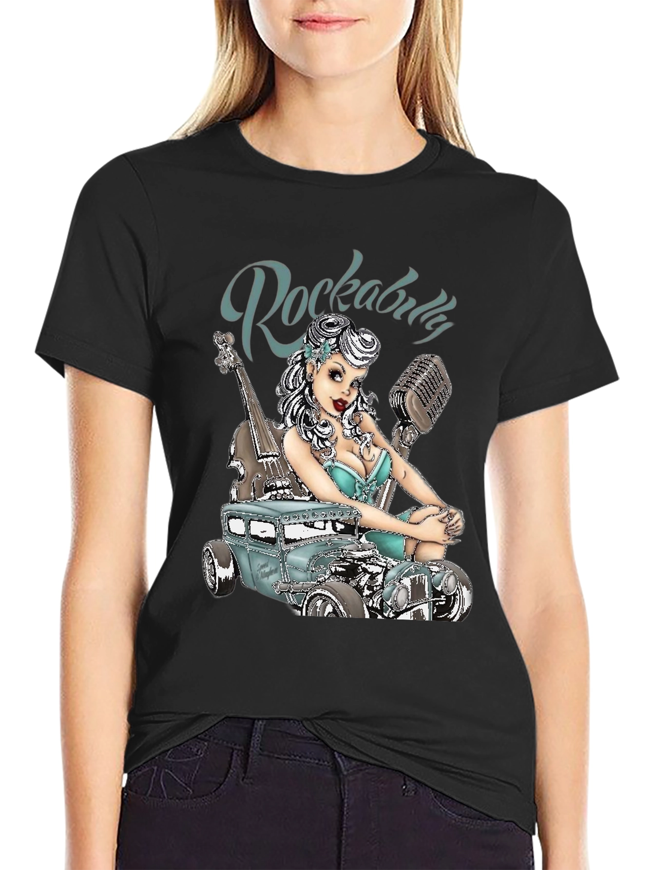 Rockabilly Style T-Shirt with Car & Pin-up Girl Design