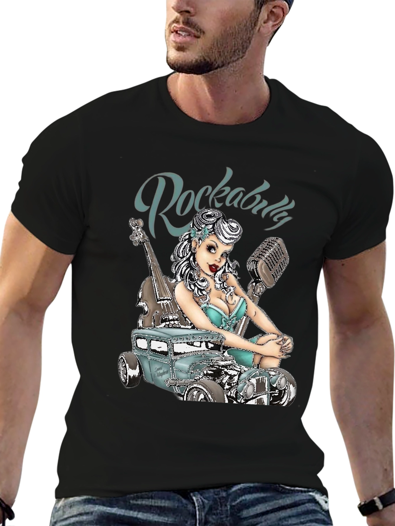 Rockabilly Style T-Shirt with Car & Pin-up Girl Design