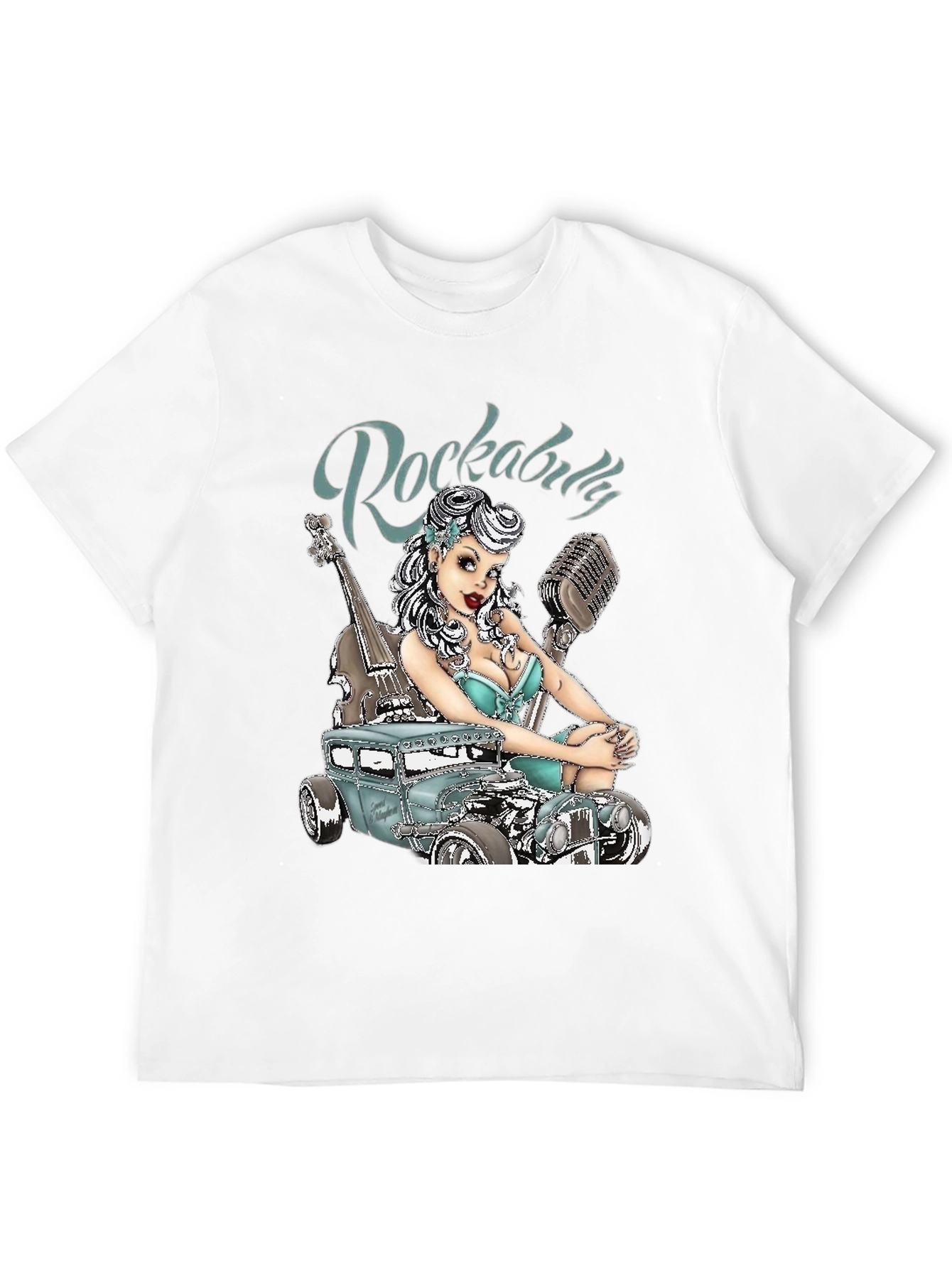 Rockabilly Style T-Shirt with Car & Pin-up Girl Design