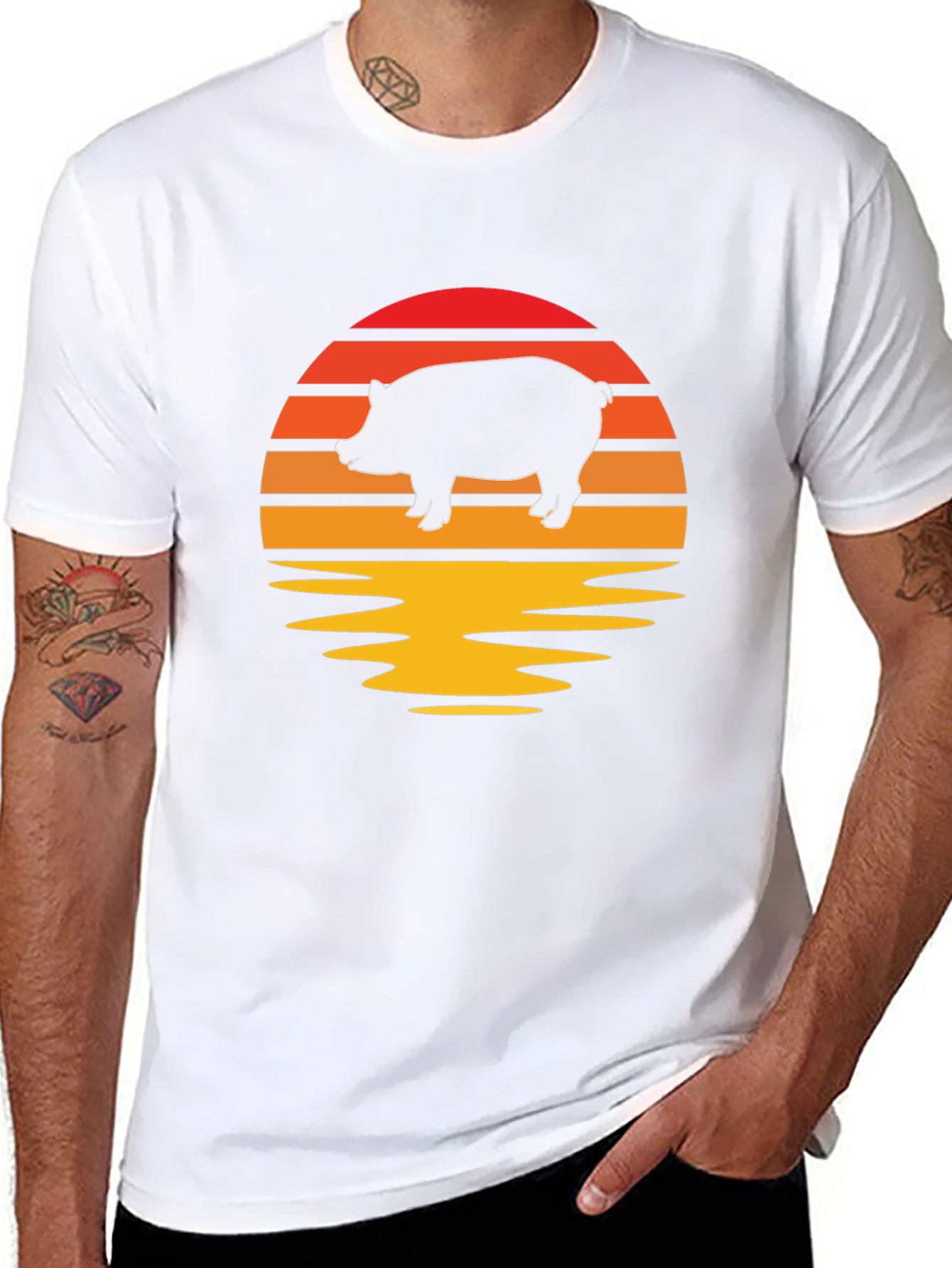 Retro Pig Sunset Graphic Tee - Black