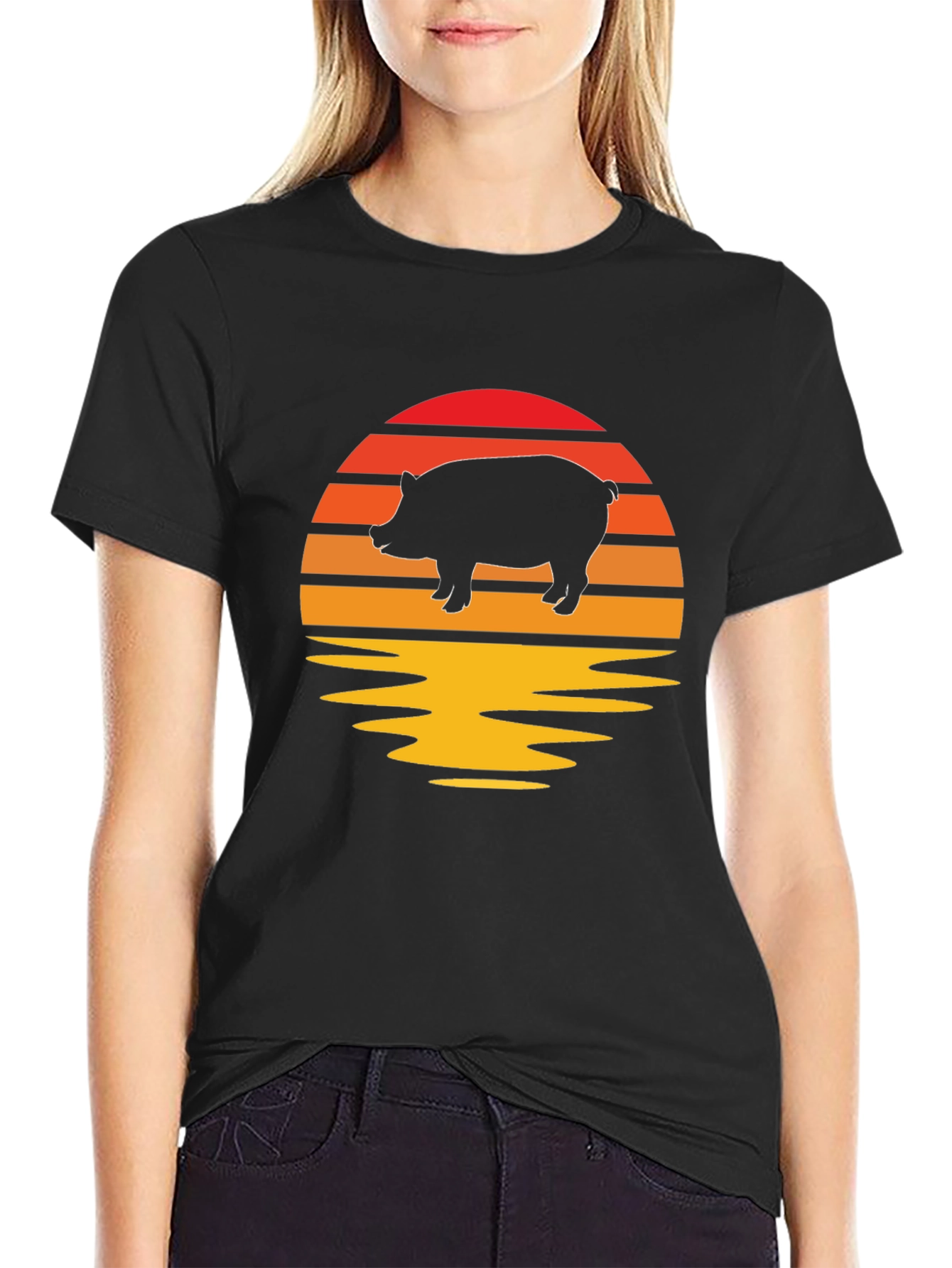 Retro Pig Sunset Graphic Tee - Black