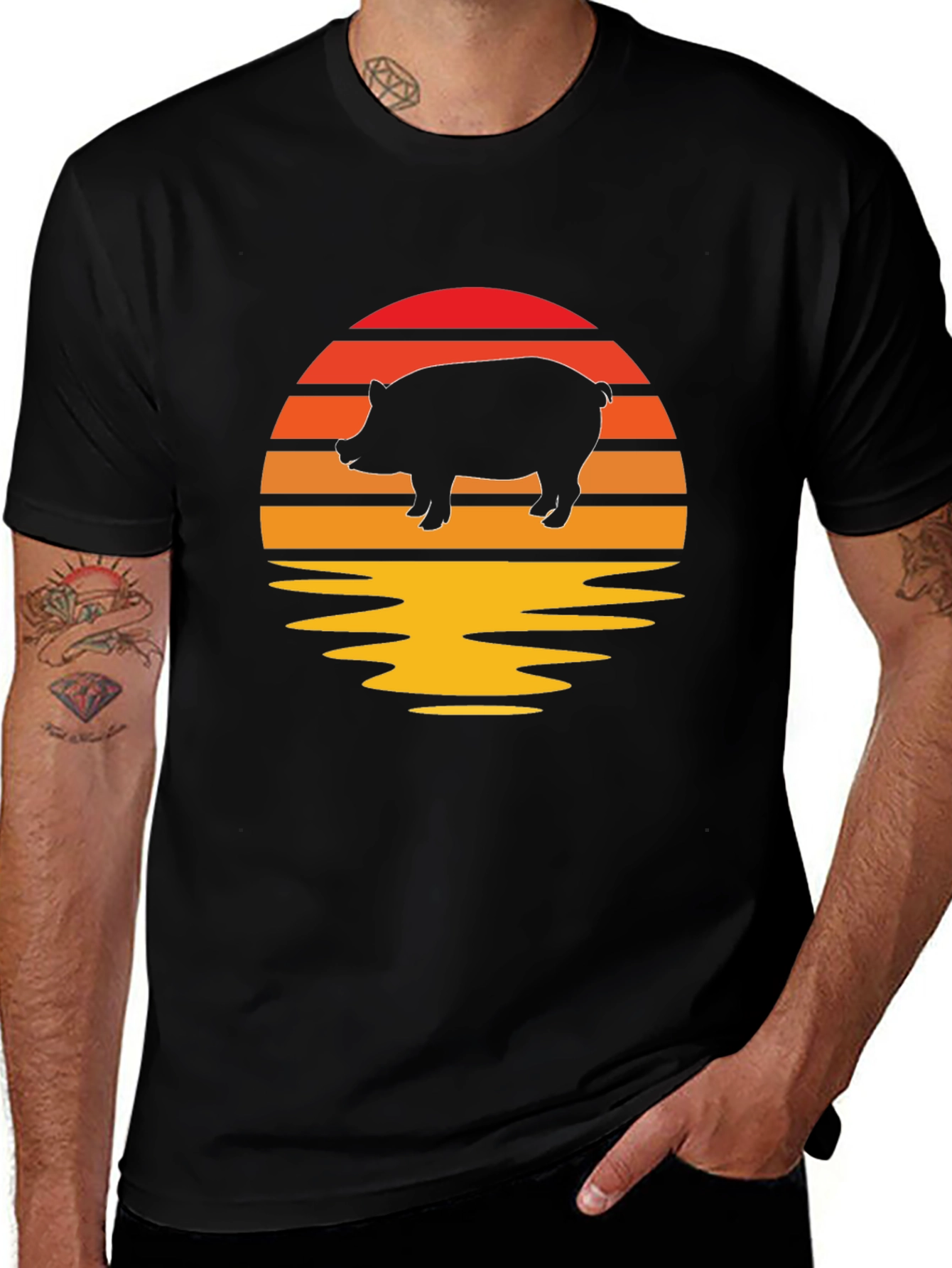 Retro Pig Sunset Graphic Tee - Black
