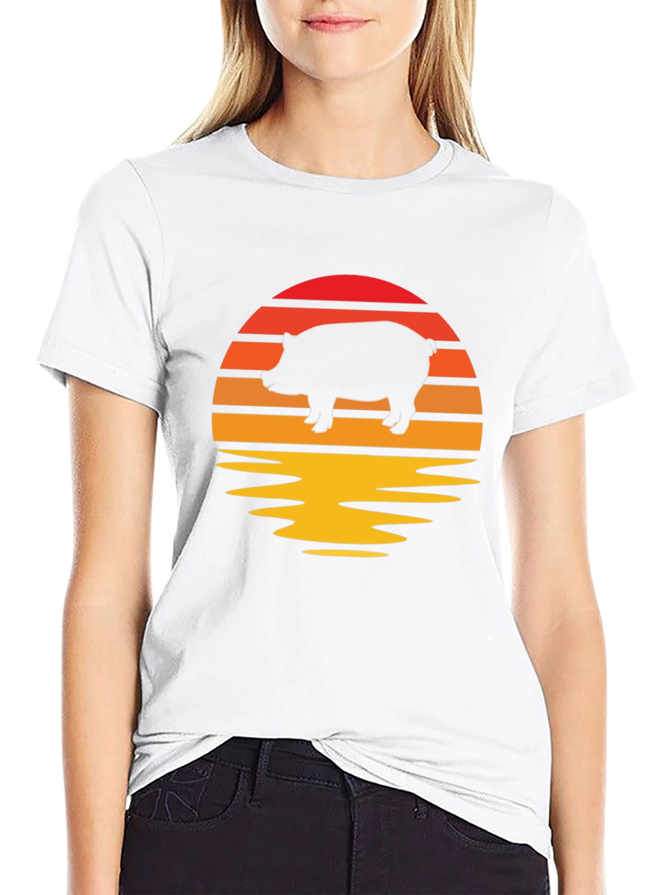 Retro Pig Sunset Graphic Tee - Black