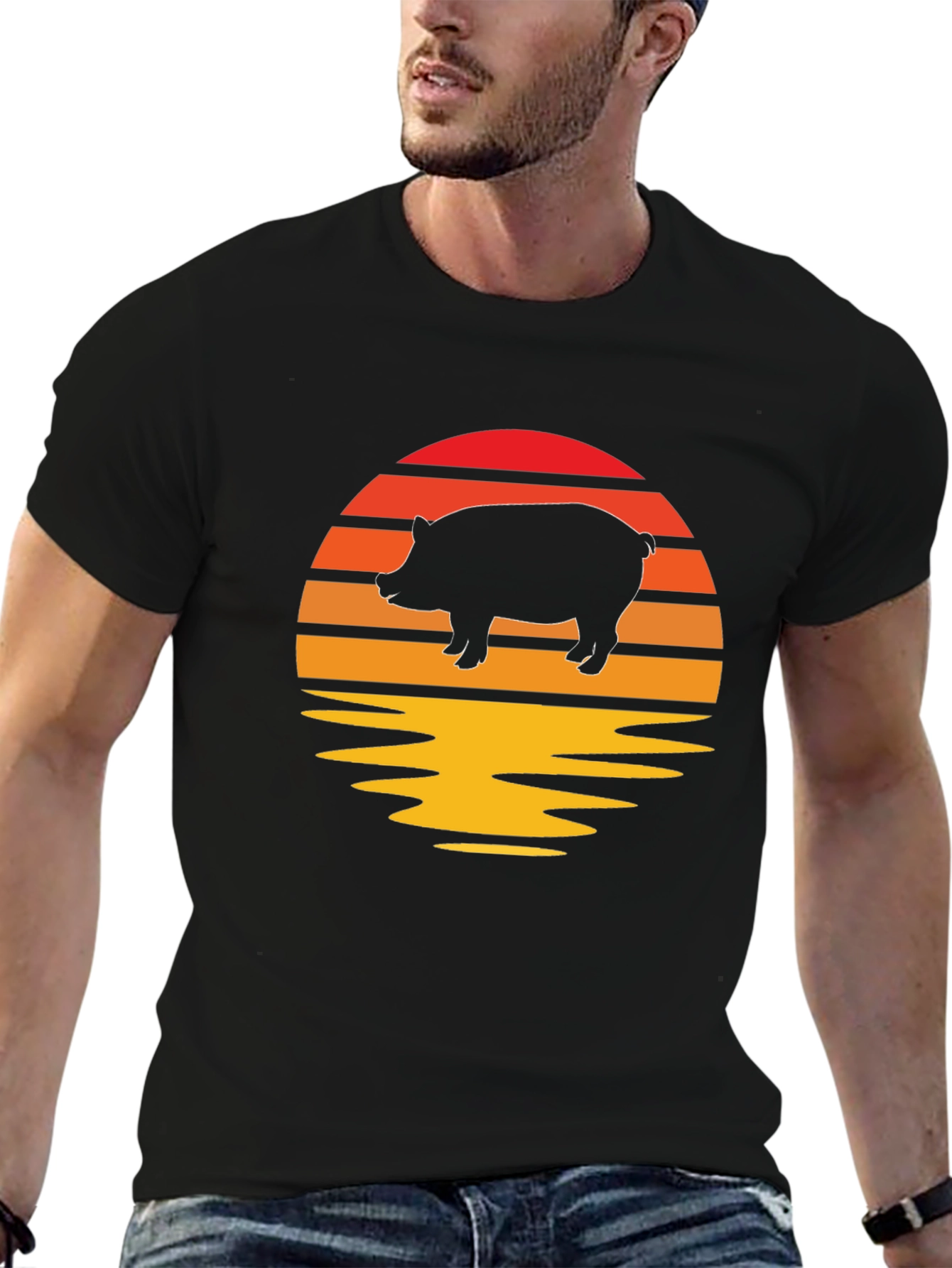Retro Pig Sunset Graphic Tee - Black